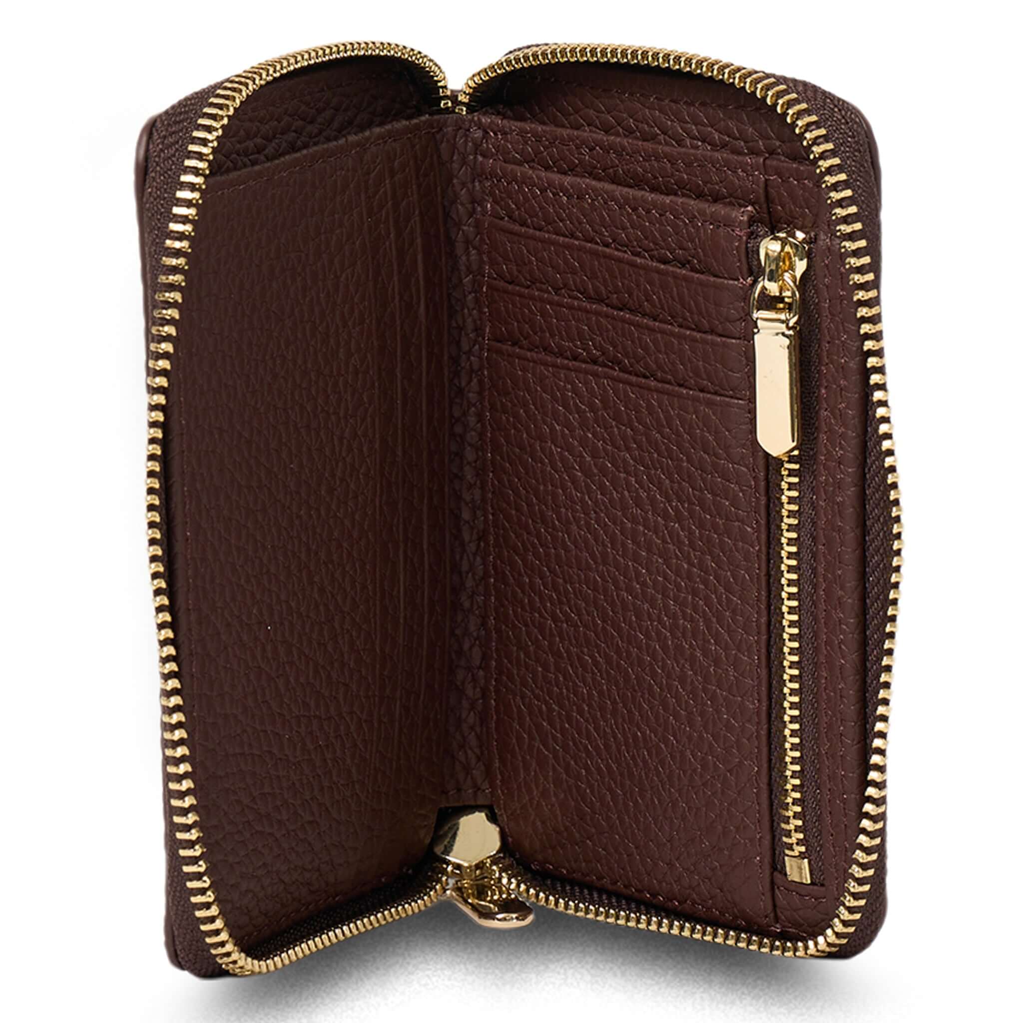 Alt Tag: Saben Landry Wallet - Espresso open zip-around espresso leather wallet with 8 card slots, note pocket and zip coin pocket