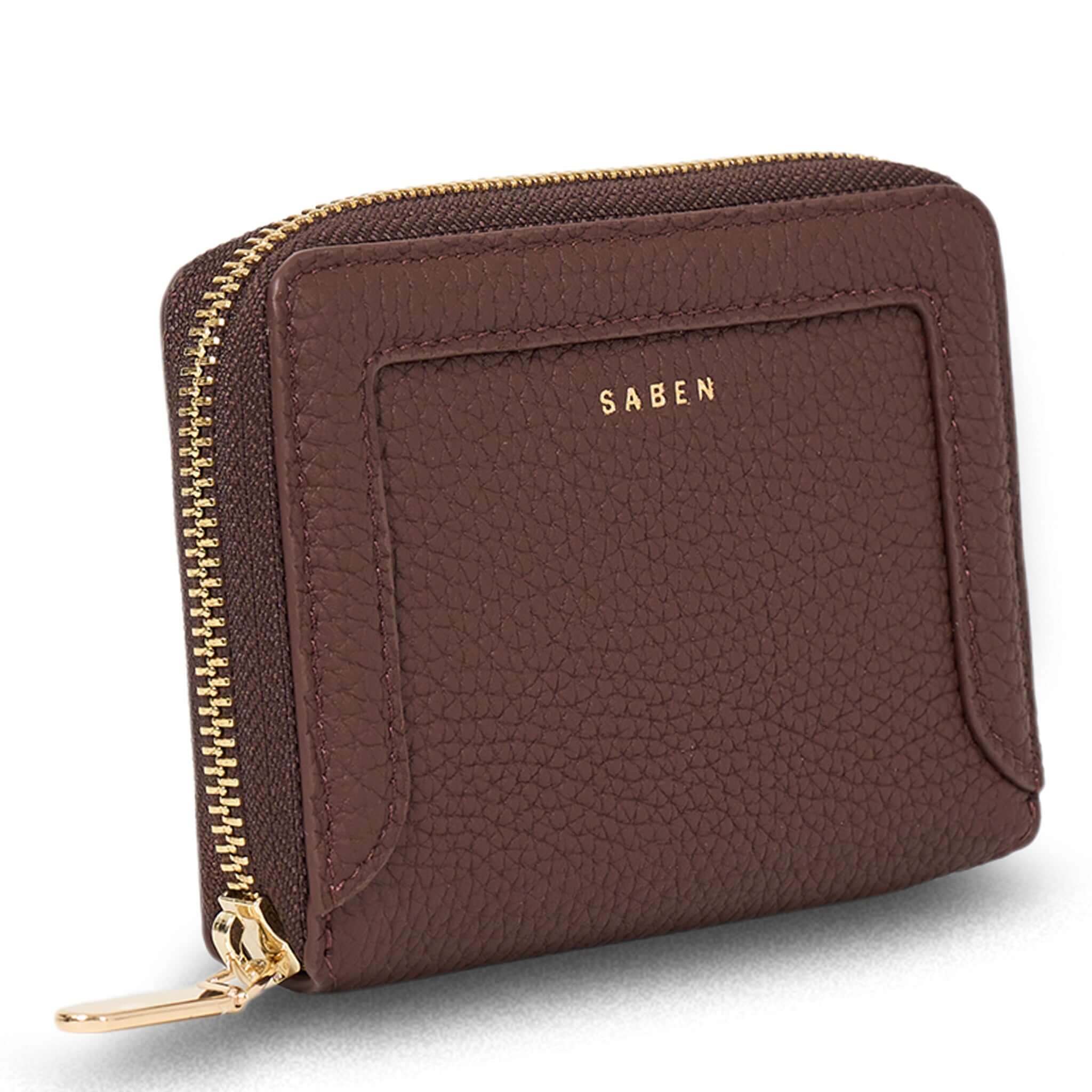 Alt Tag: Saben Landry Wallet - Espresso premium espresso leather zip-around wallet with gold zipper, compact design with card slots
