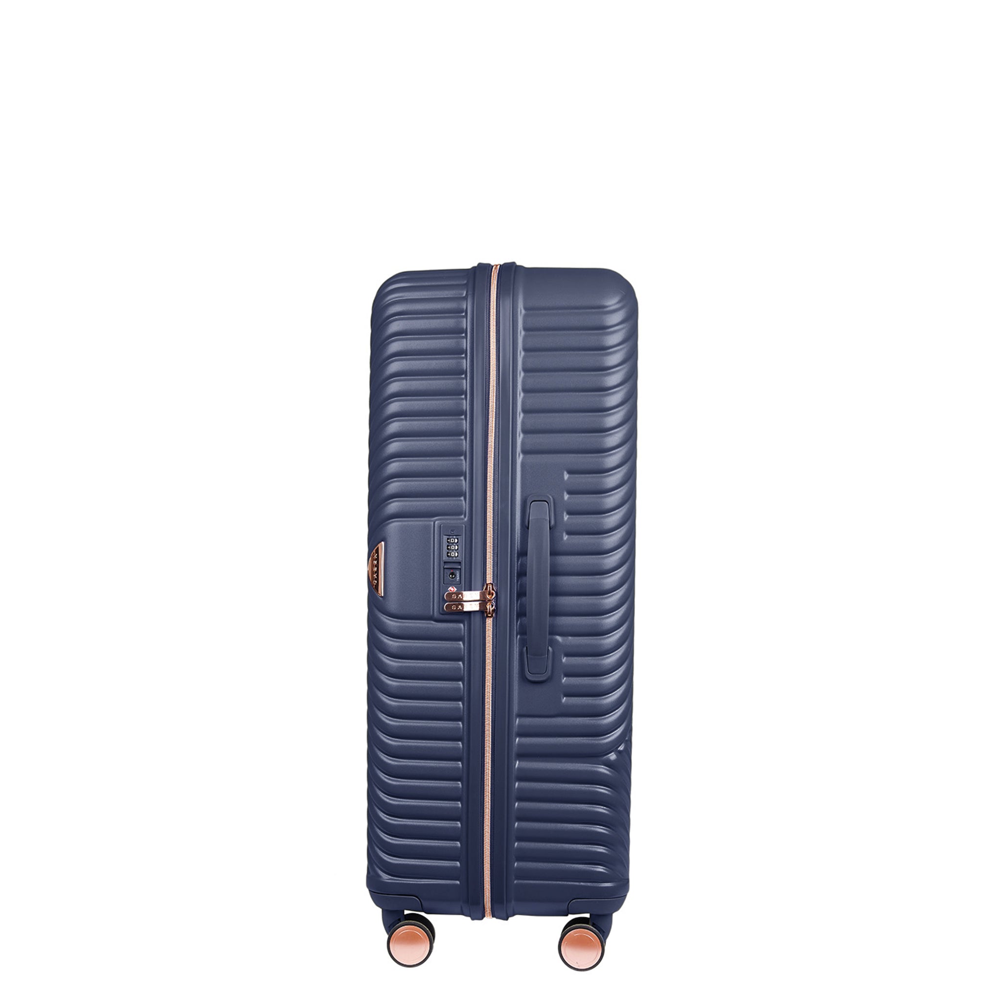Blue suitcase with a textured surface on a white background
