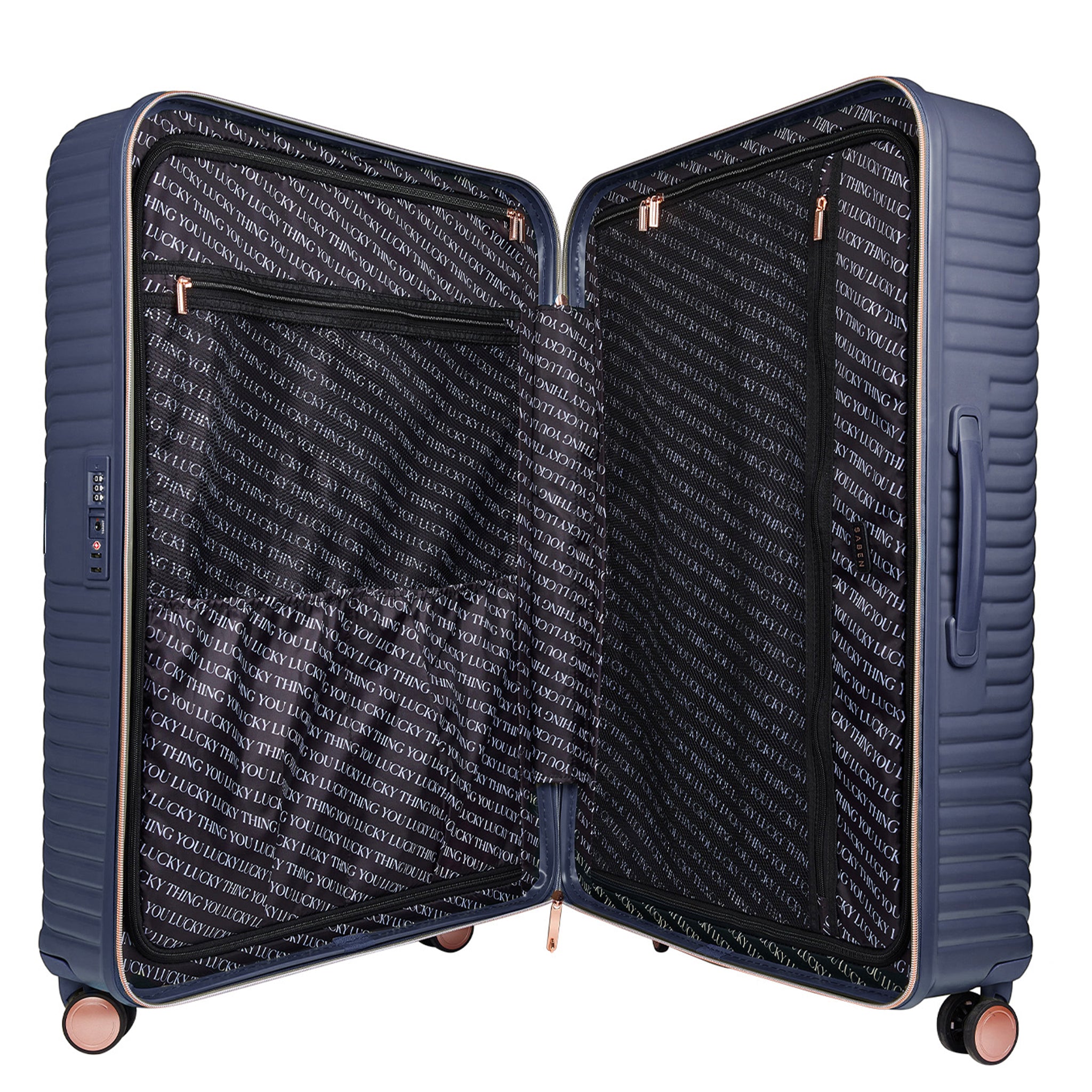 Open navy blue suitcase with interior pattern on a white background