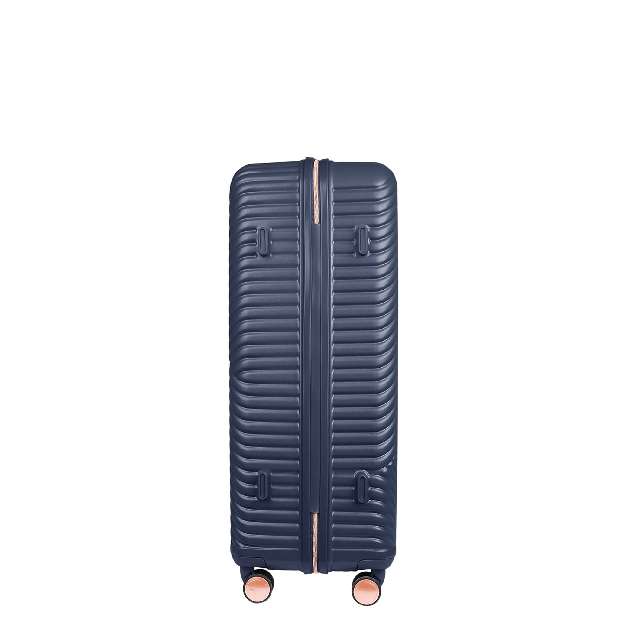 Navy blue suitcase with a zipper on a white background