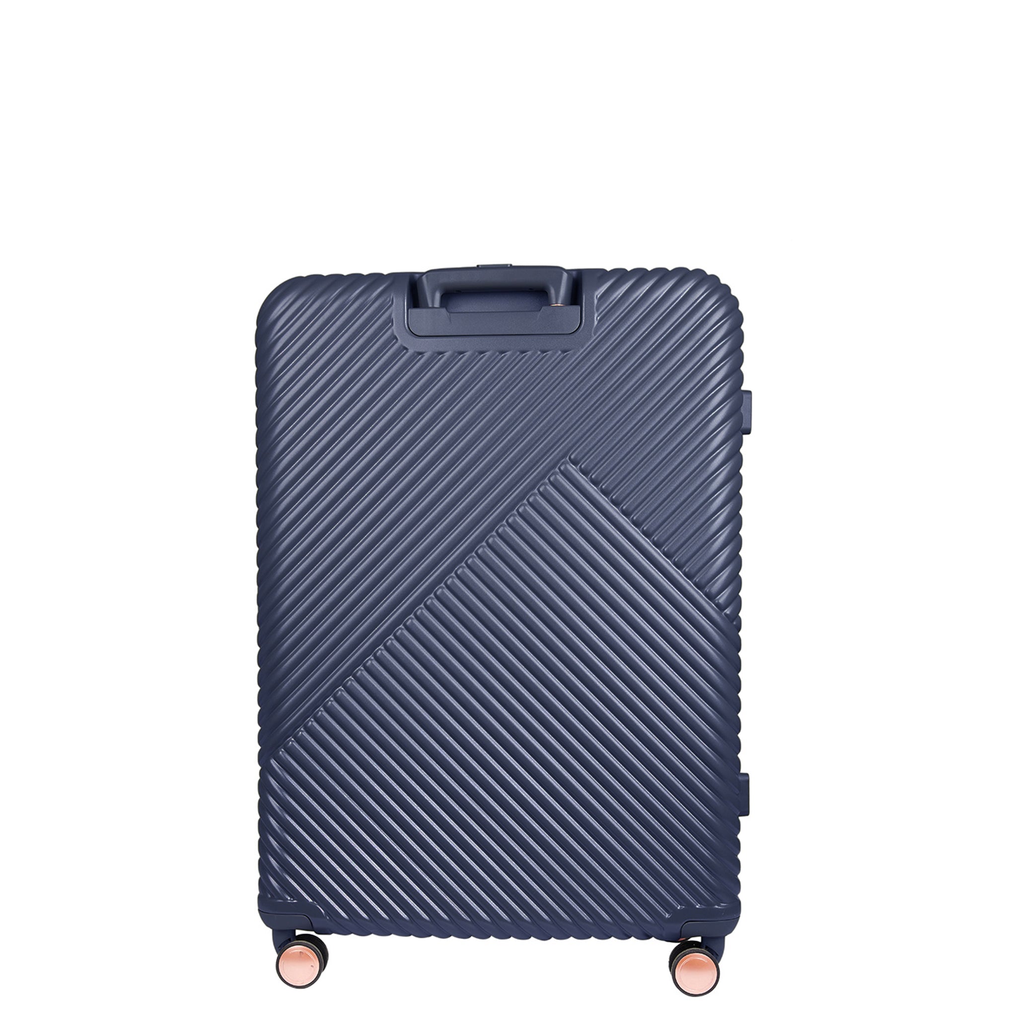 Blue suitcase with a textured surface on a white background
