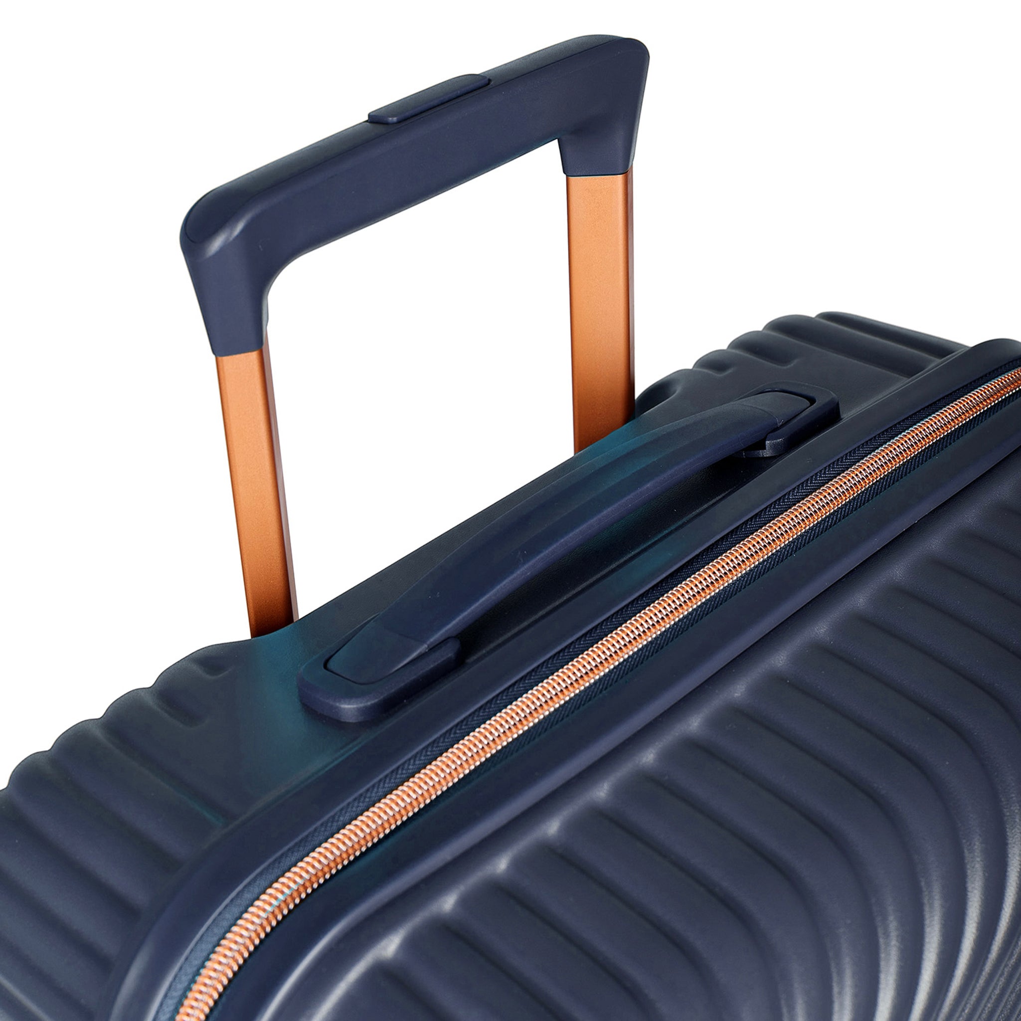 Navy blue suitcase with gold zipper and handle on a white background