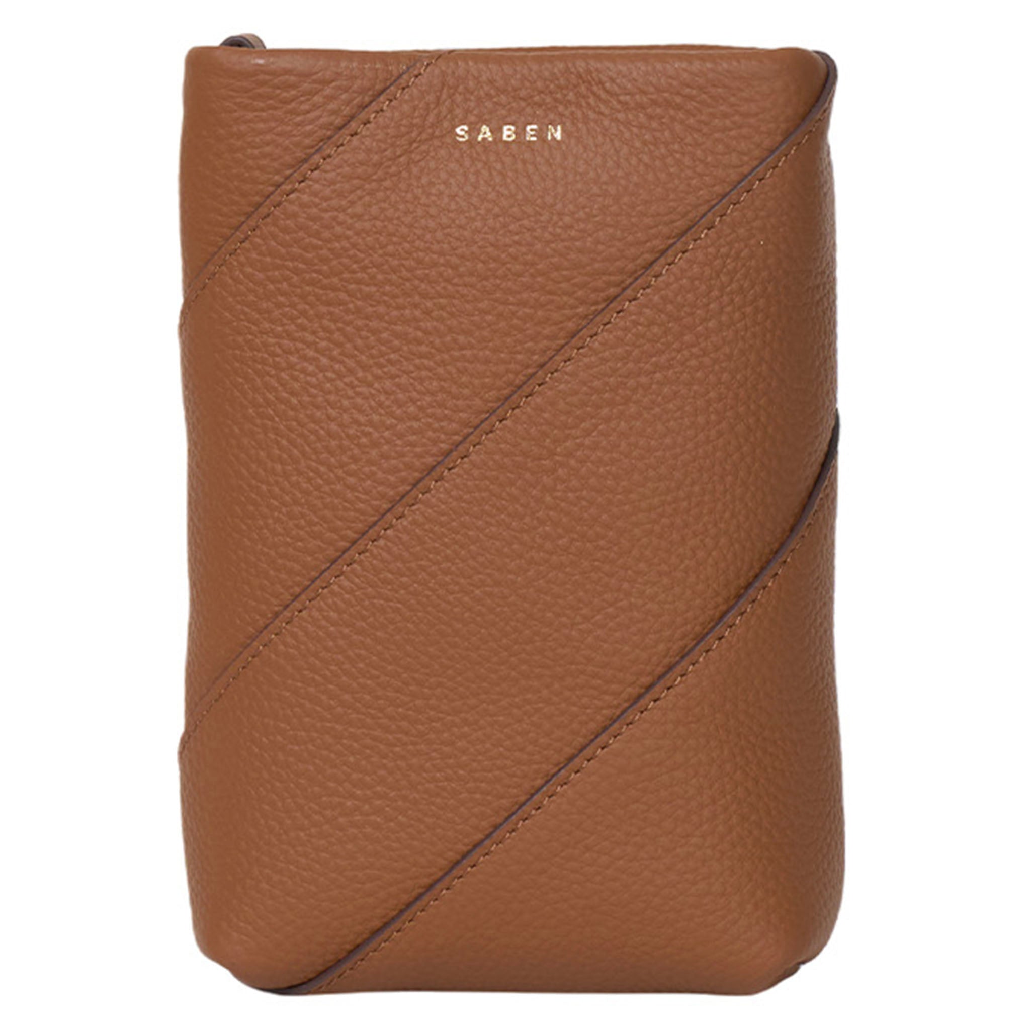 Brown leather crossbody bag with 'SABEN' branding on a white background