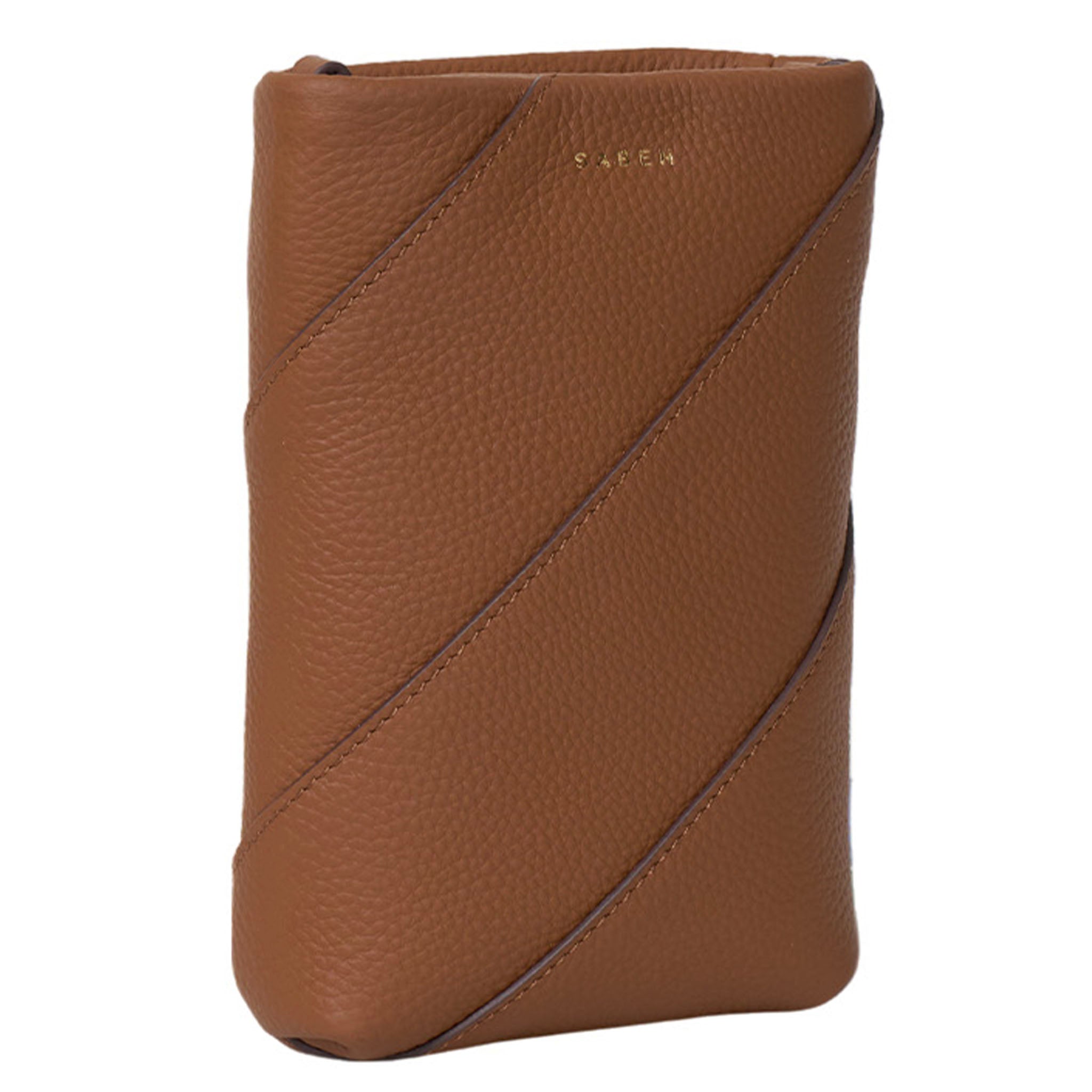 Brown leather phone case with a diagonal stitching design on a white background