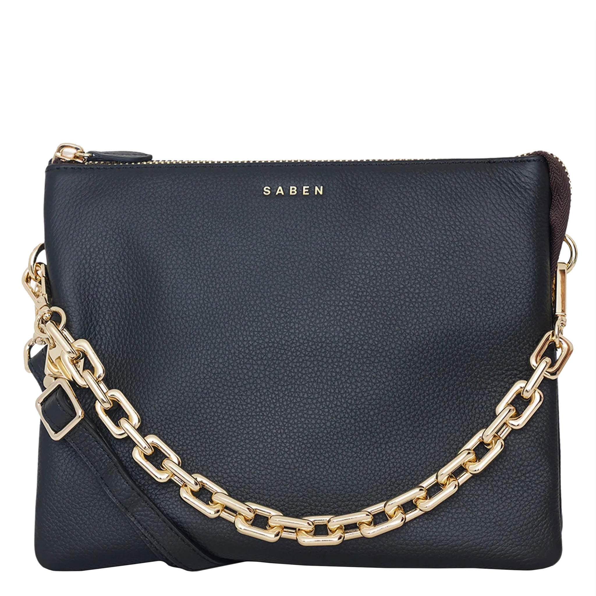 Black handbag with gold chain strap on a white background, featuring the brand 'Saben'.