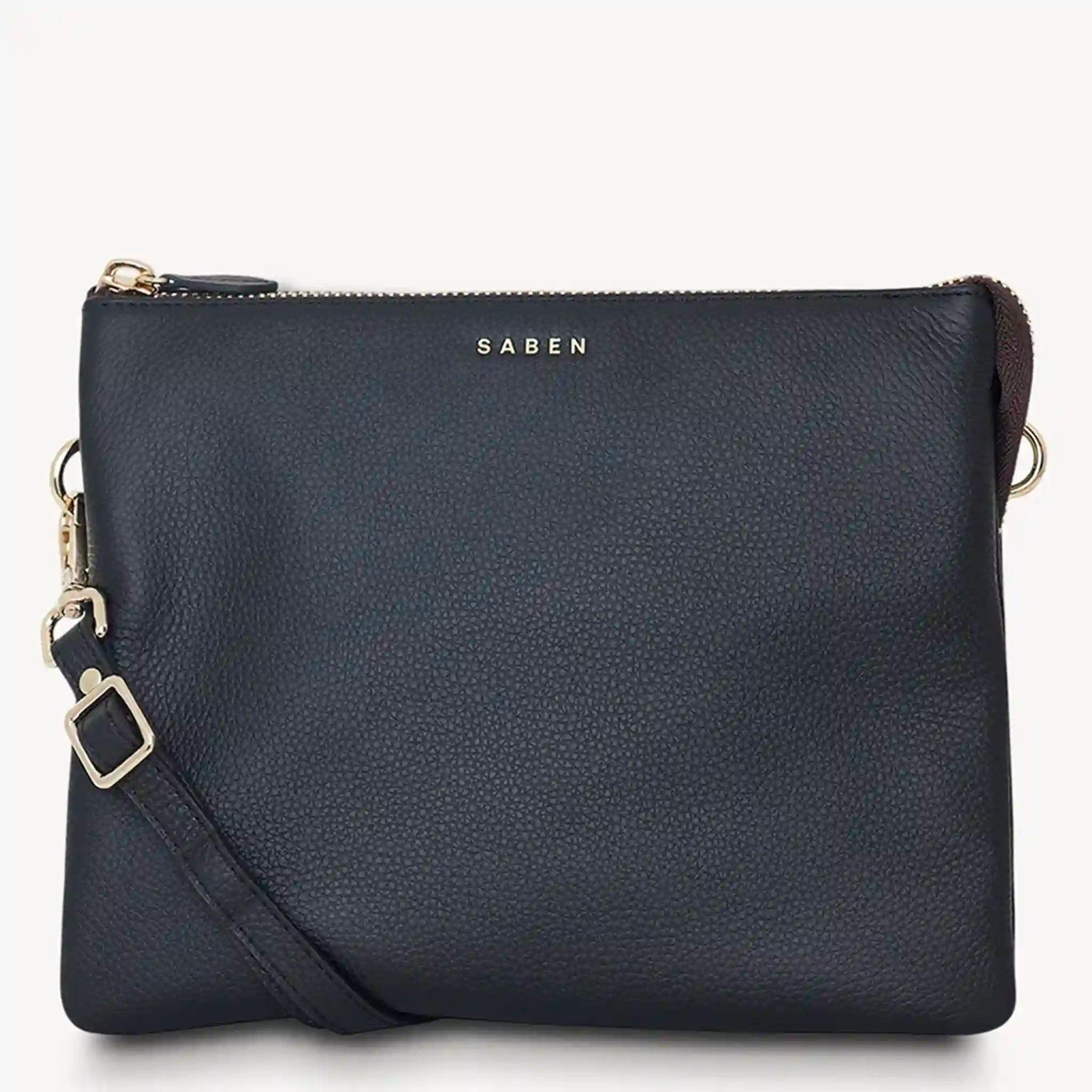 Navy blue leather crossbody bag with gold accents on a white background