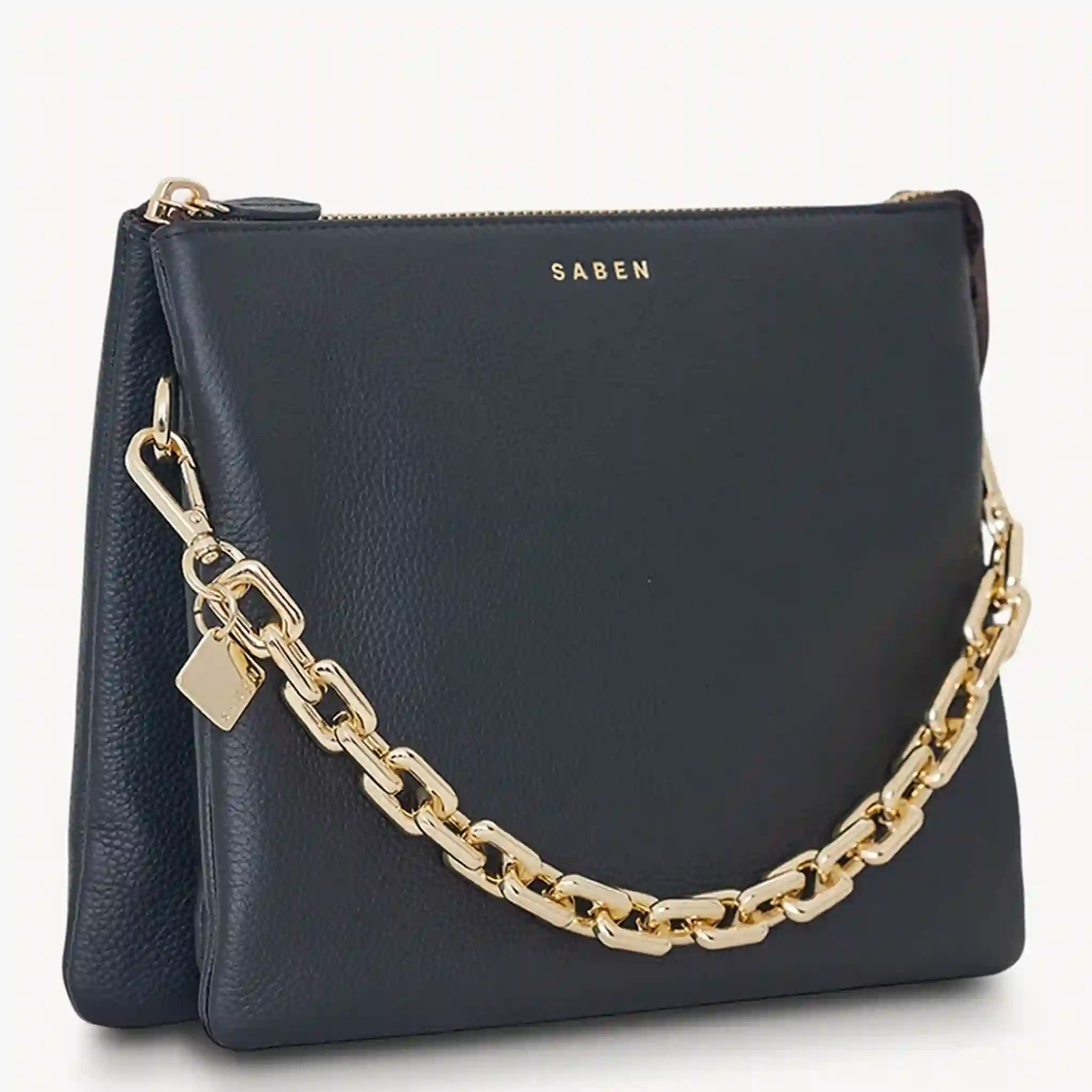 Navy handbag with a gold chain strap on a white background