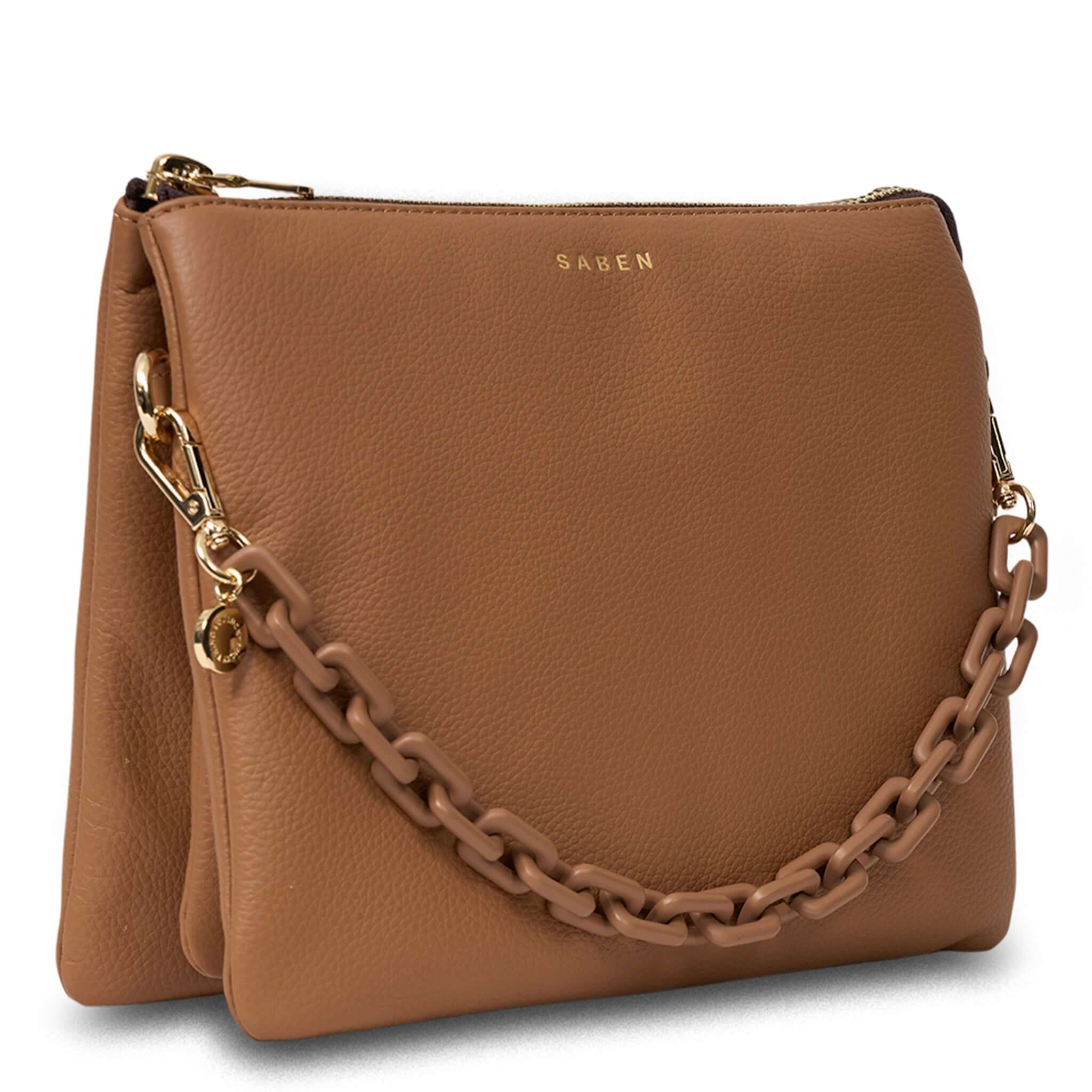 Alt Tag: Saben Matilda Crossbody Bag - Toffee with Tonal Chain, luxe toffee leather crossbody with tonal chain strap and gold hardware