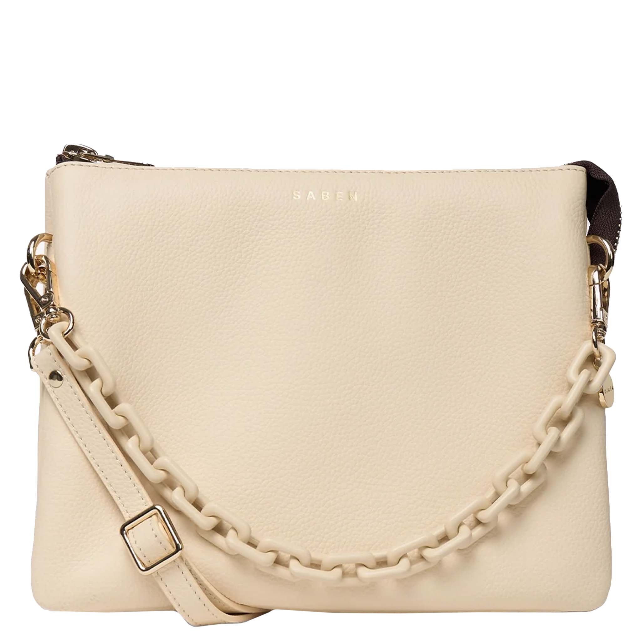 Alt Tag: Saben Matilda Crossbody Bag - Vanilla with Tonal Chain vanilla leather crossbody bag with tonal chain strap, front view