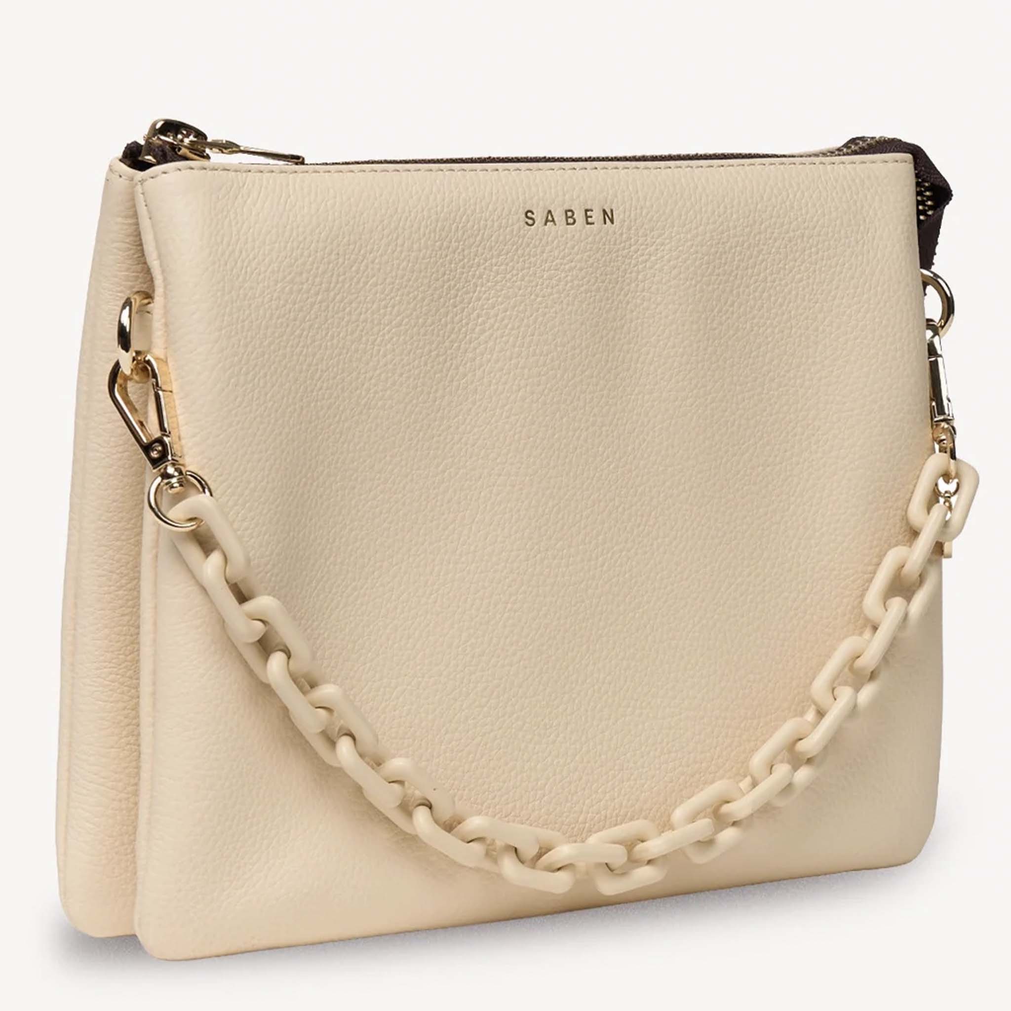 Alt Tag: Saben Matilda Crossbody Bag - Vanilla with Tonal Chain in vanilla leather with tonal chain strap, zip-top crossbody bag