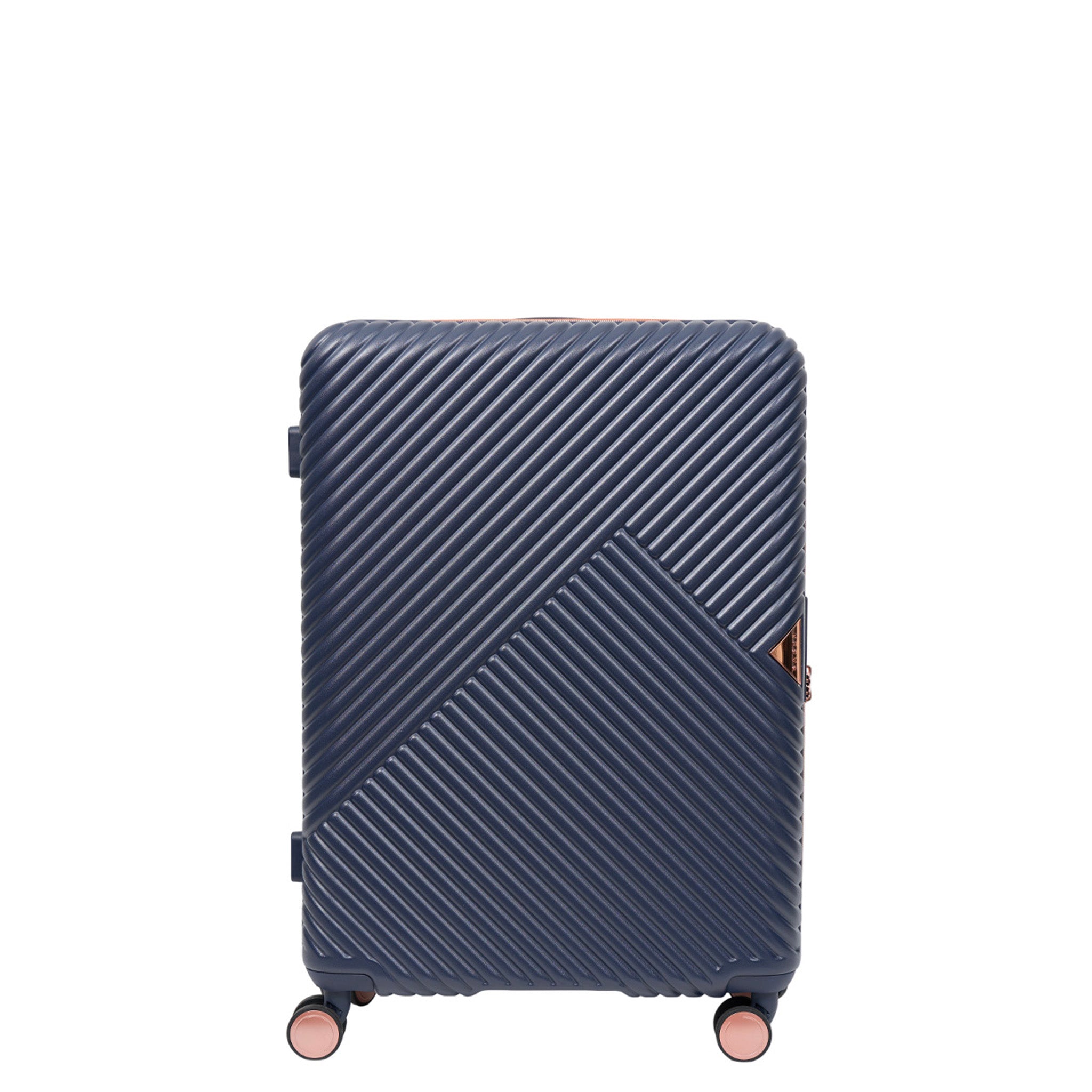 Blue suitcase with a geometric pattern on a white background