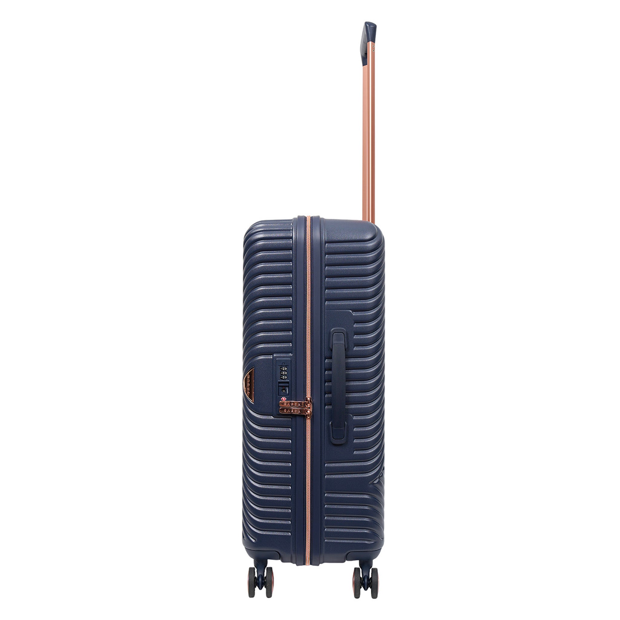 Navy blue suitcase with rose gold accents on a white background