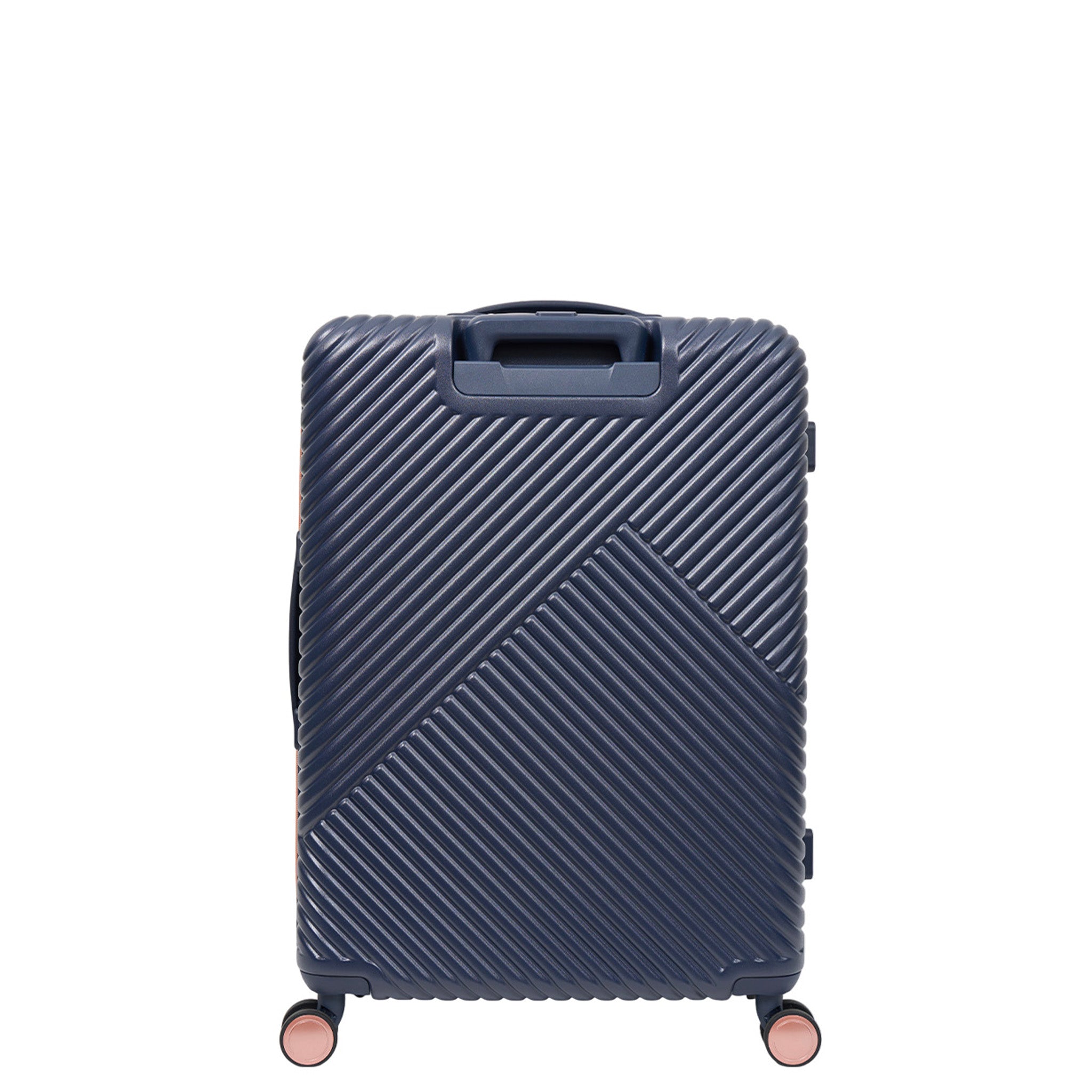 Navy blue suitcase with a geometric pattern on a white background