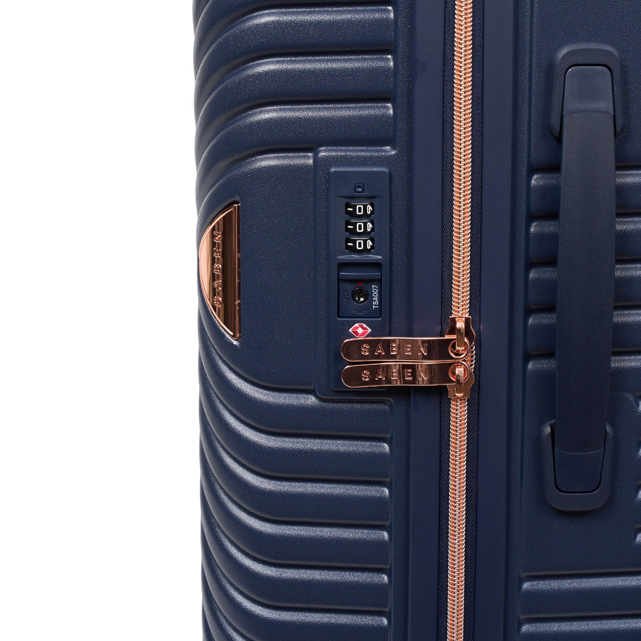 Navy blue suitcase with a rose gold zipper and handle on a white background