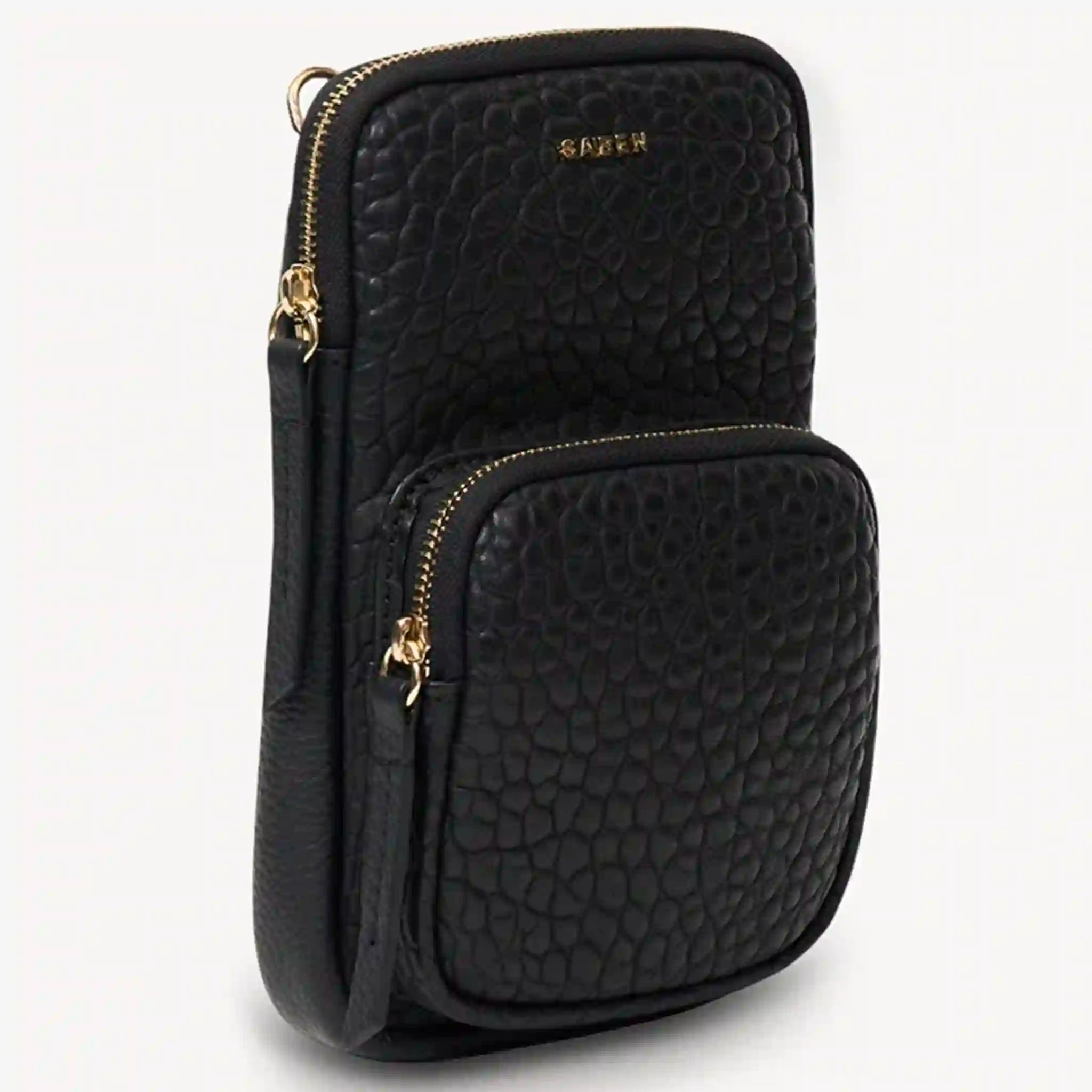 Black textured crossbody bag with gold zipper on a white background