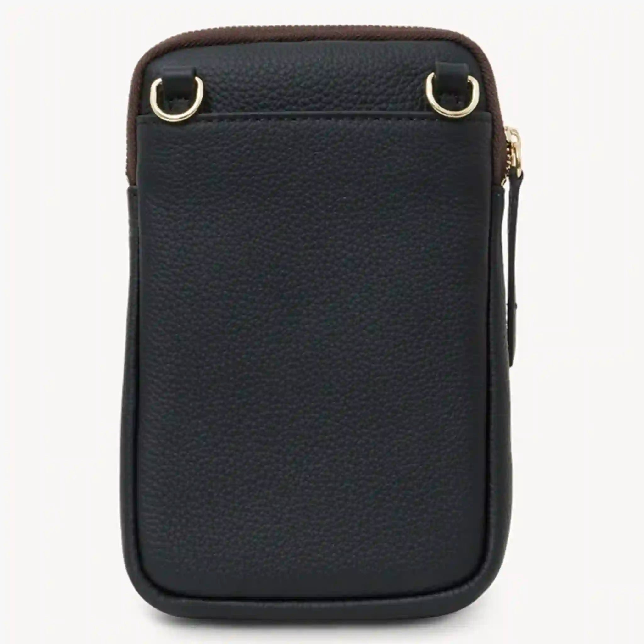 Black leather crossbody bag with gold hardware on a white background