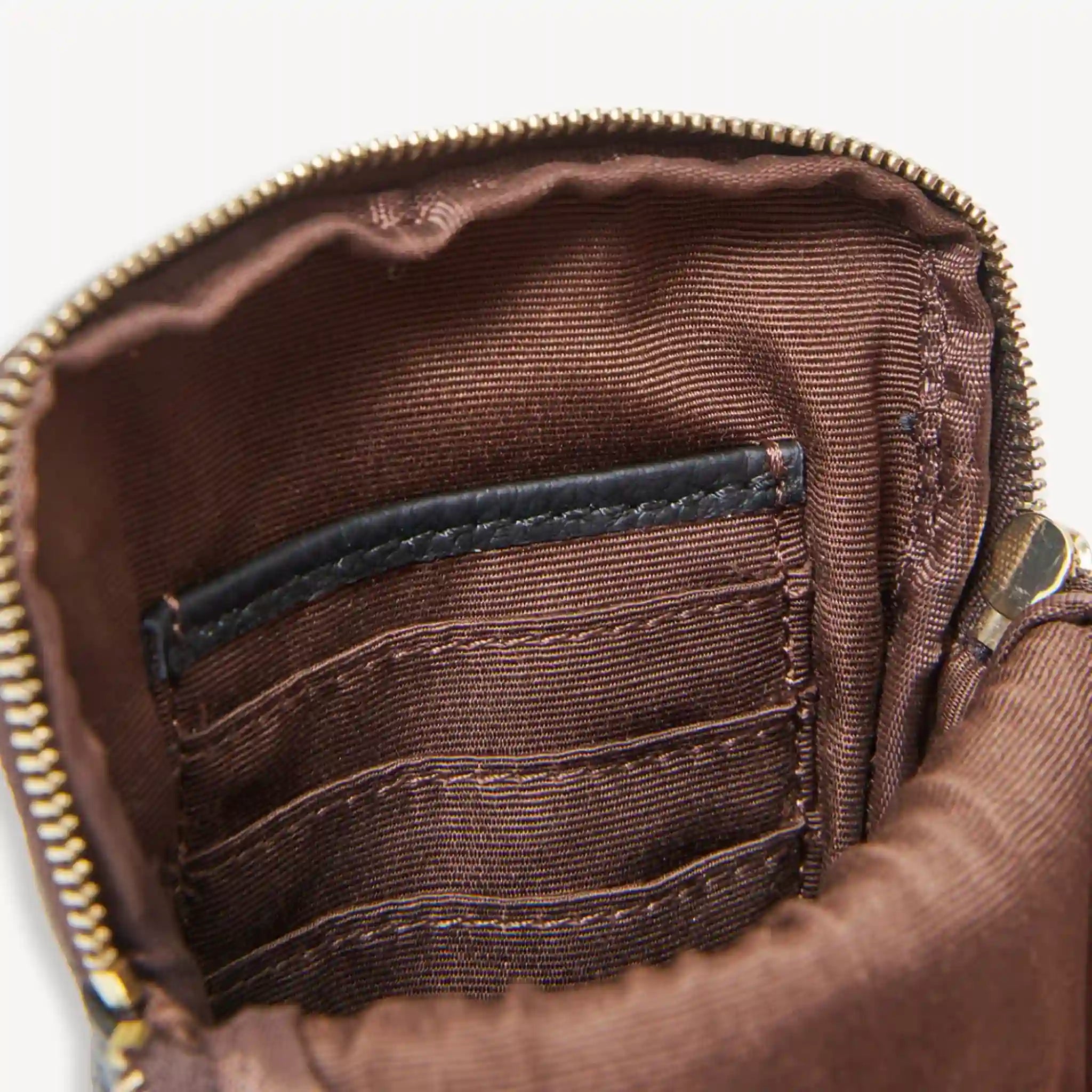 Close-up of a brown leather wallet with a gold zipper on a white background