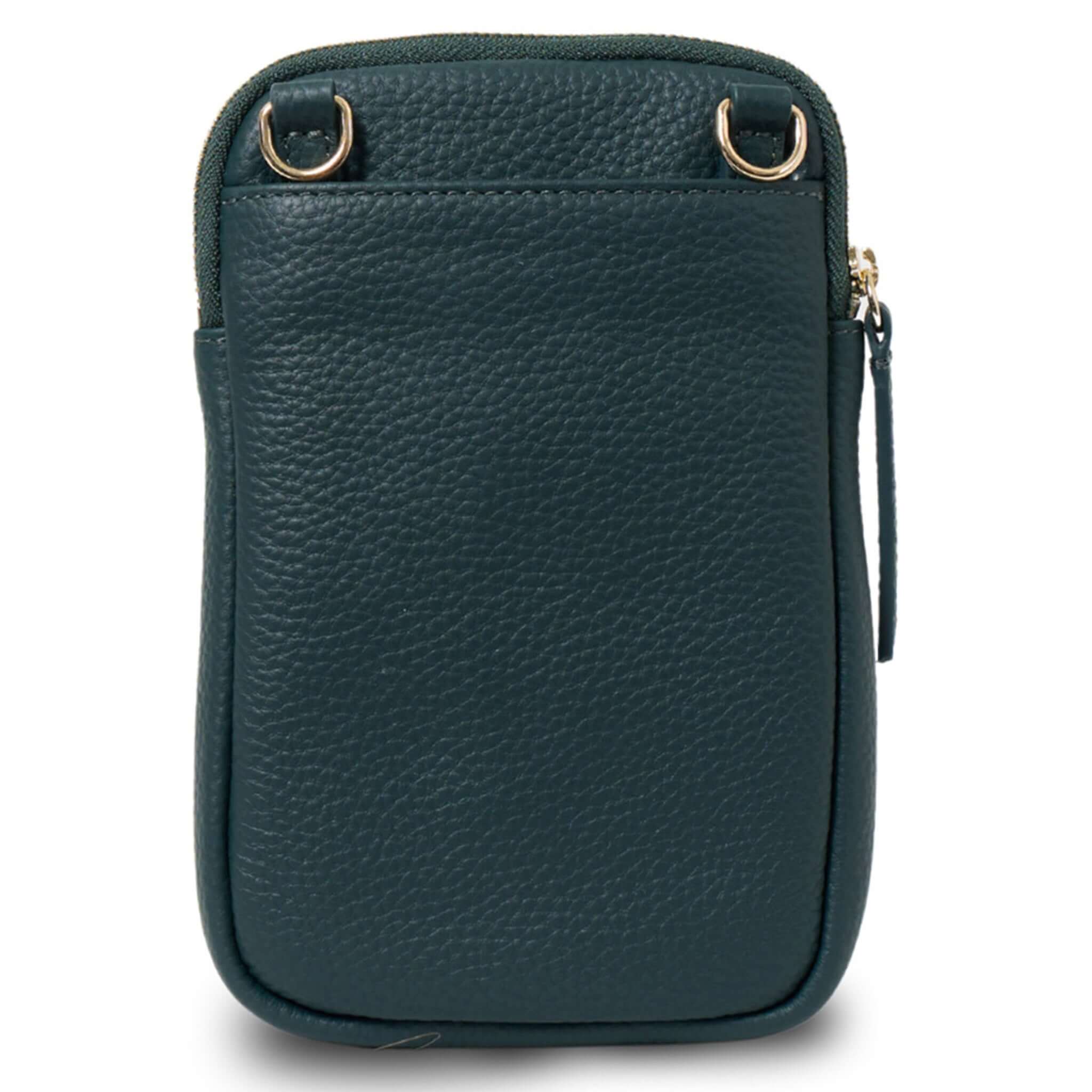 Alt Tag: Saben Nikko Phone Sling - Hunter Green Bubble leather crossbody phone sling with adjustable strap, card slots and zip pocket