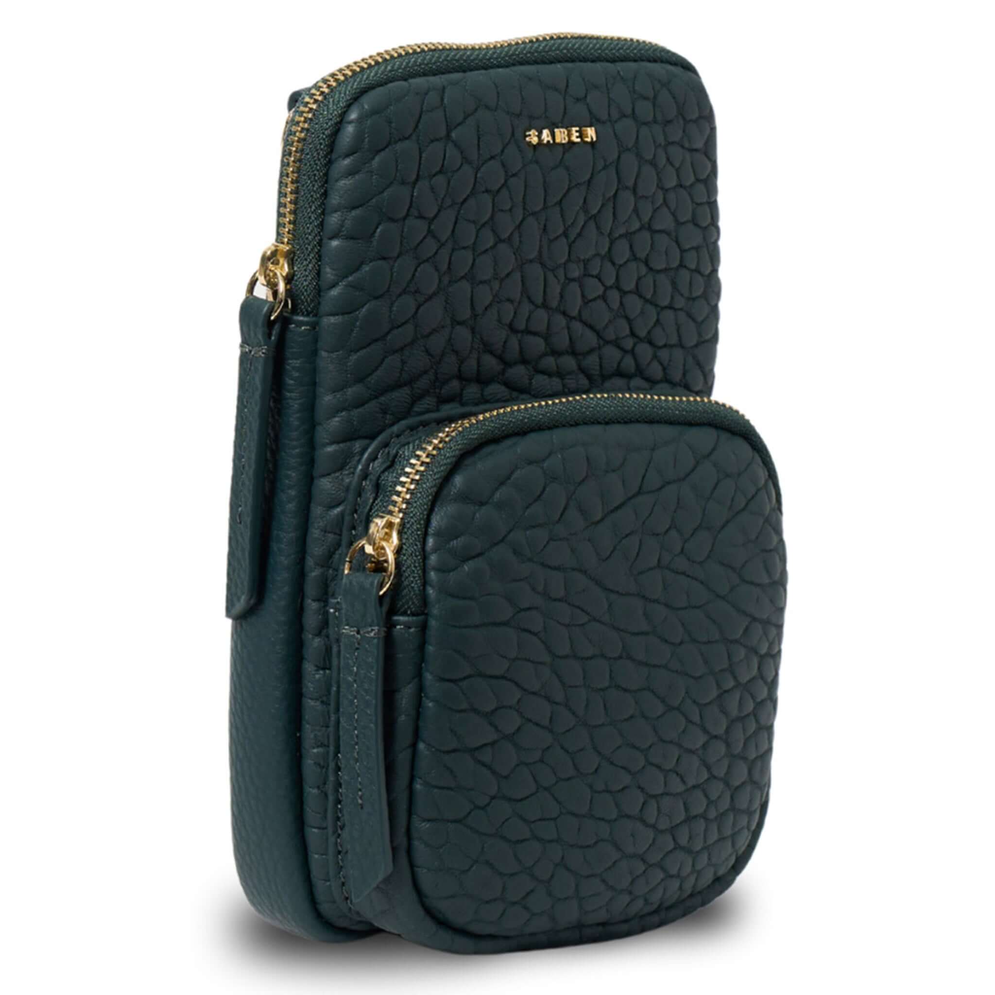 Alt Tag: Saben Nikko Phone Sling - Hunter Green Bubble crossbody phone wallet with adjustable strap, bubble texture and gold zip pockets