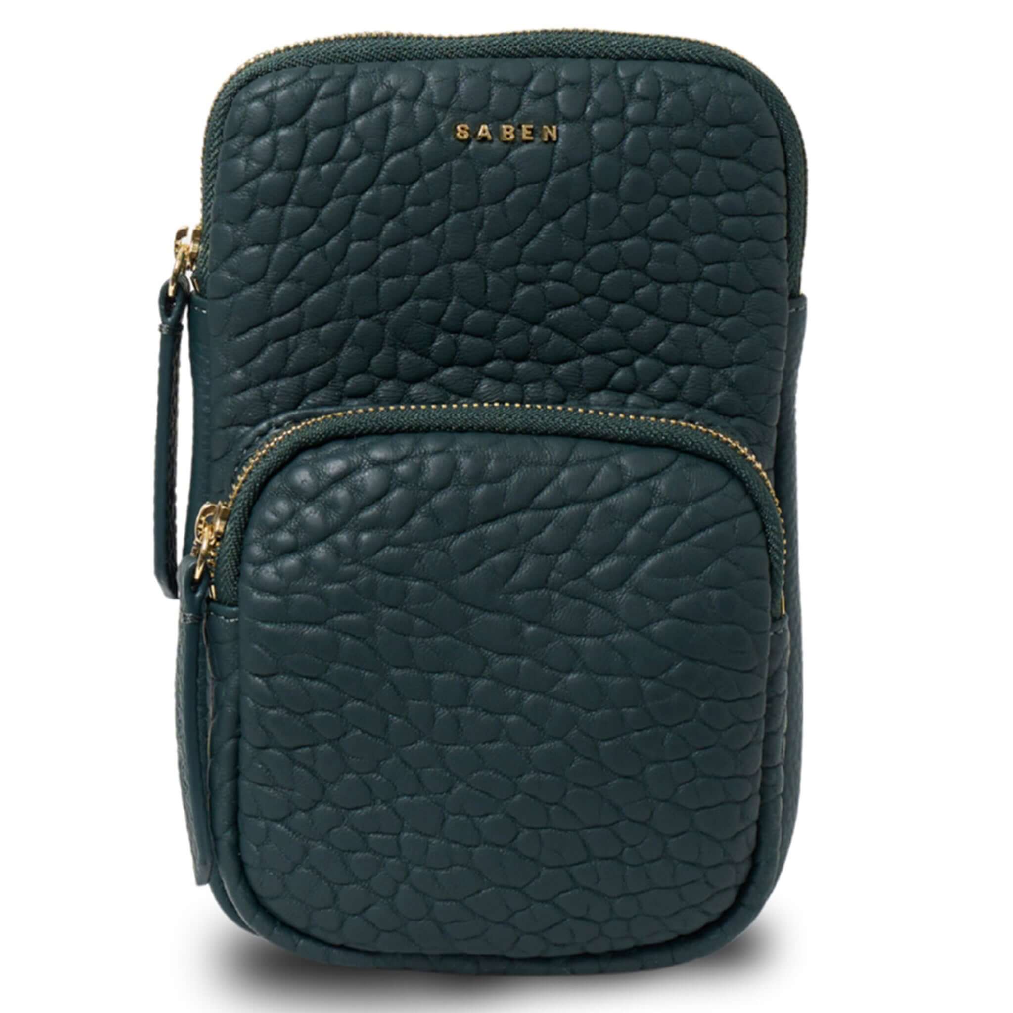 Alt Tag: Saben Nikko Phone Sling - Hunter Green Bubble textured leather crossbody phone sling with zip pockets and adjustable strap