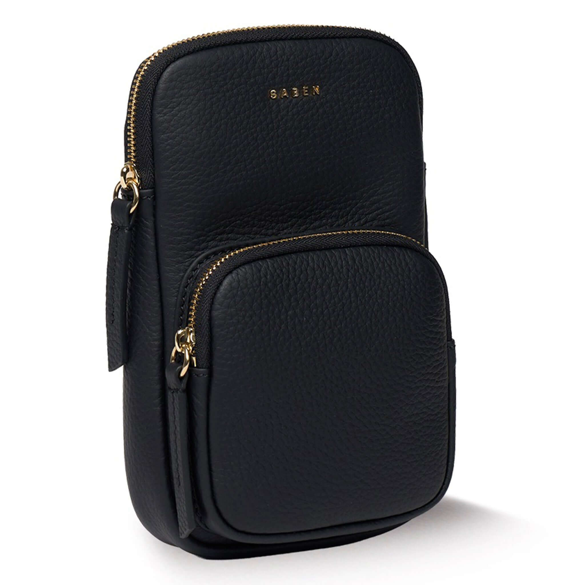 Saben Nikko Pocket Phone Sling - Black Luxe side view with gold zipper and front pocket.