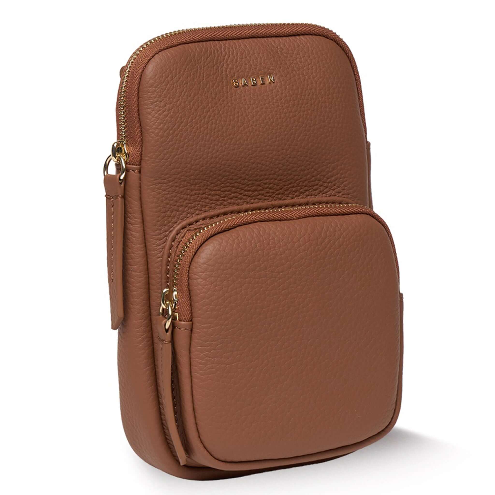 Saben Nikko Pocket Phone Sling - Tan Luxe in tan leather with front pocket for essentials.