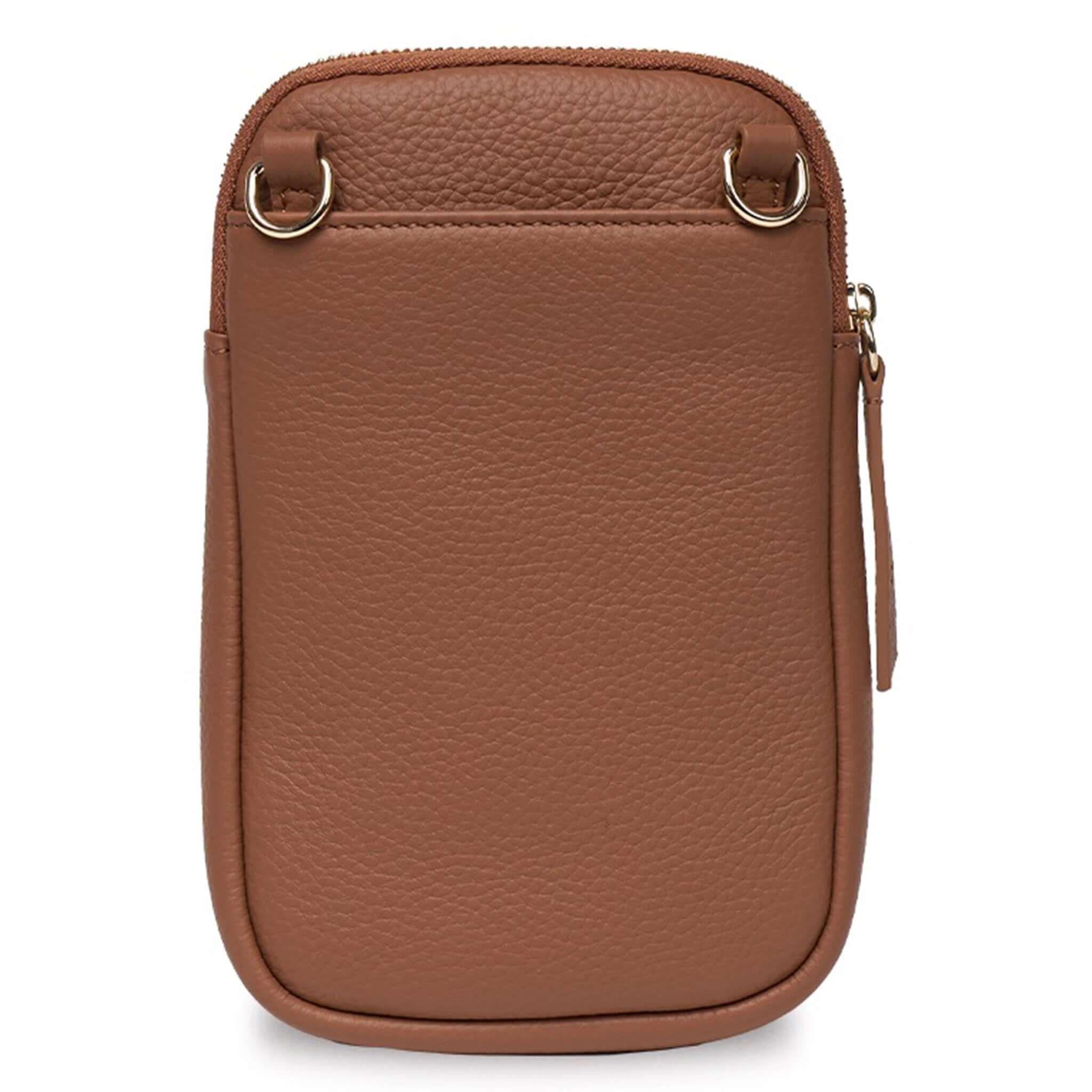Saben Nikko Pocket Phone Sling - Tan Luxe in tan leather with zip closure and front pocket for essentials.