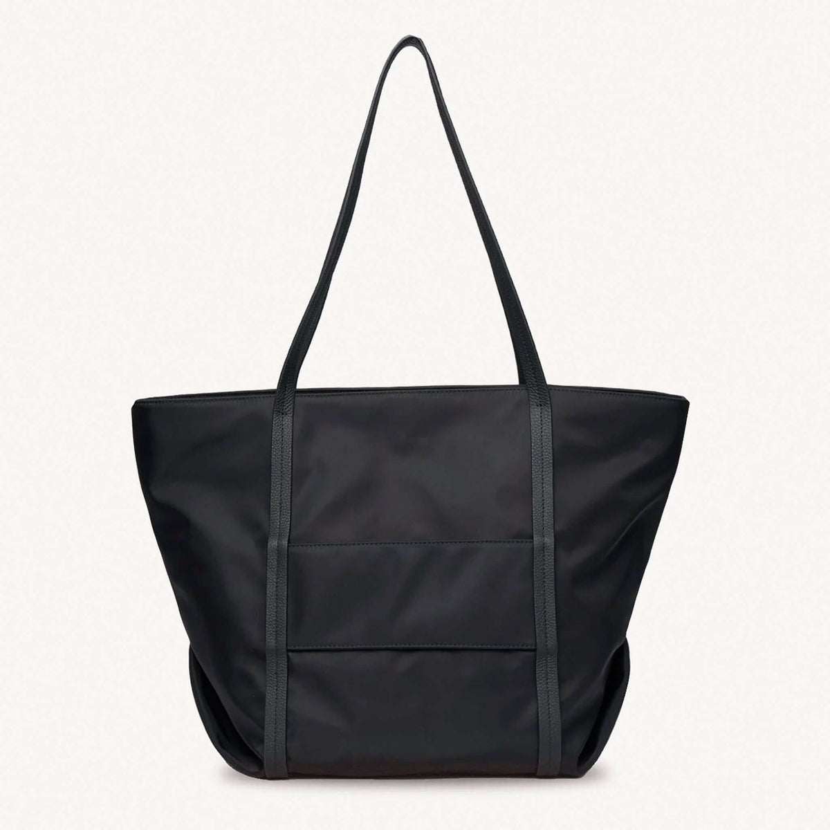 Saben Porter Tote - Black Recycled Nylon front view with dual handles and spacious design