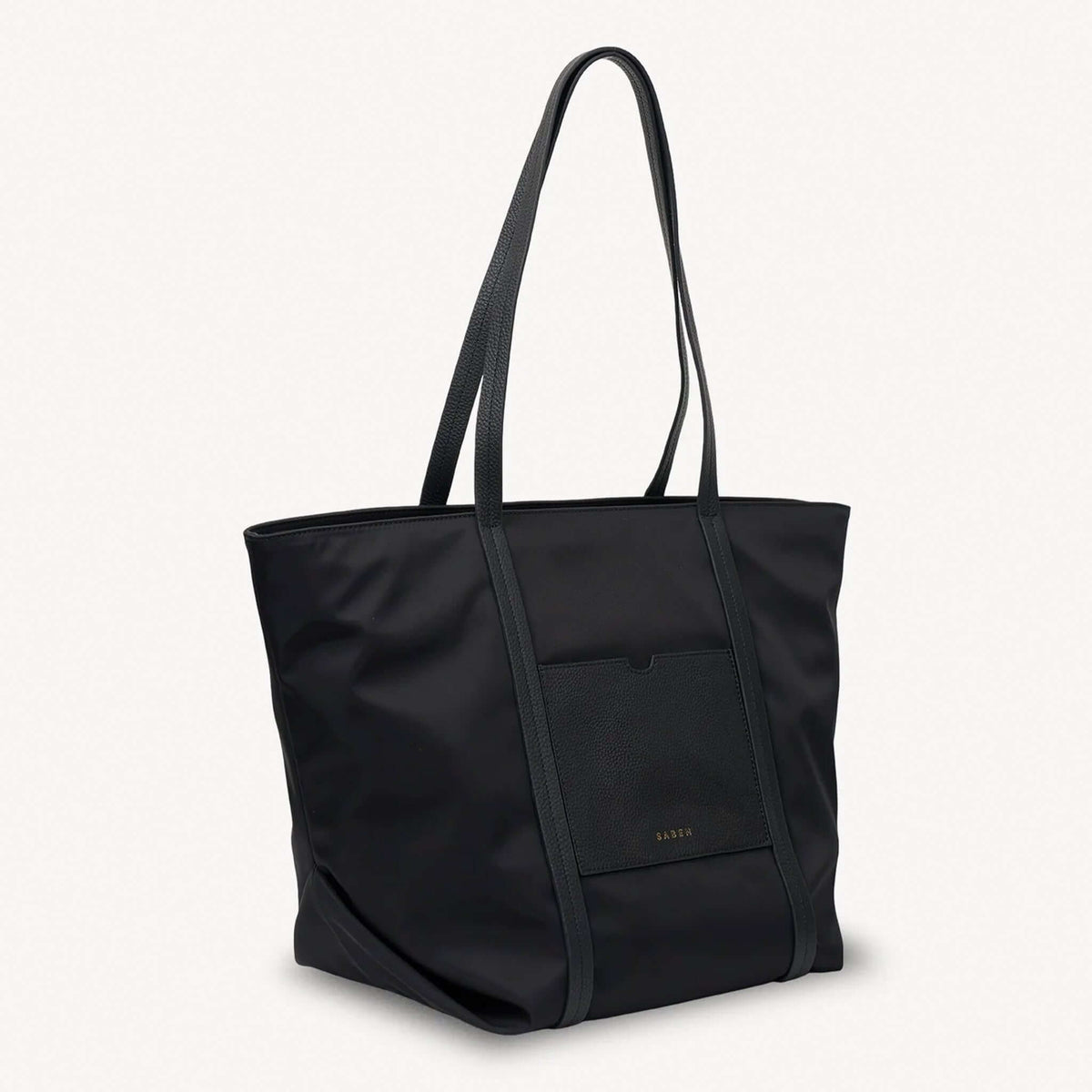 Saben Porter Tote - Black Recycled Nylon stylish tote bag with long straps and front pocket.