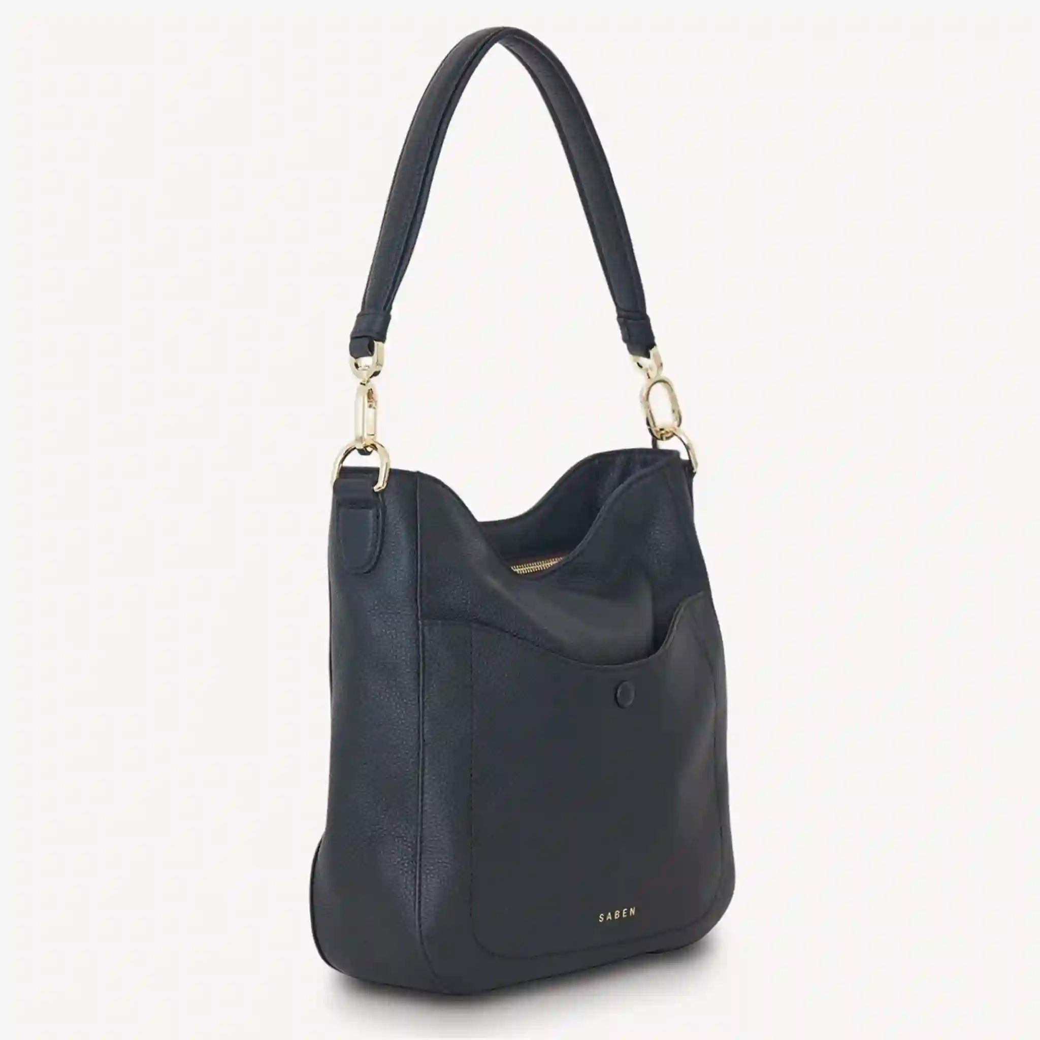 Black handbag with a strap on a white background
