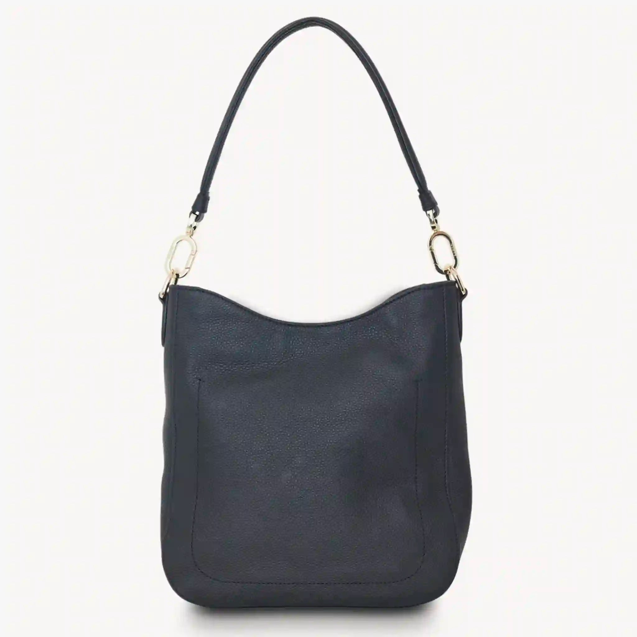 Black handbag with a strap on a white background