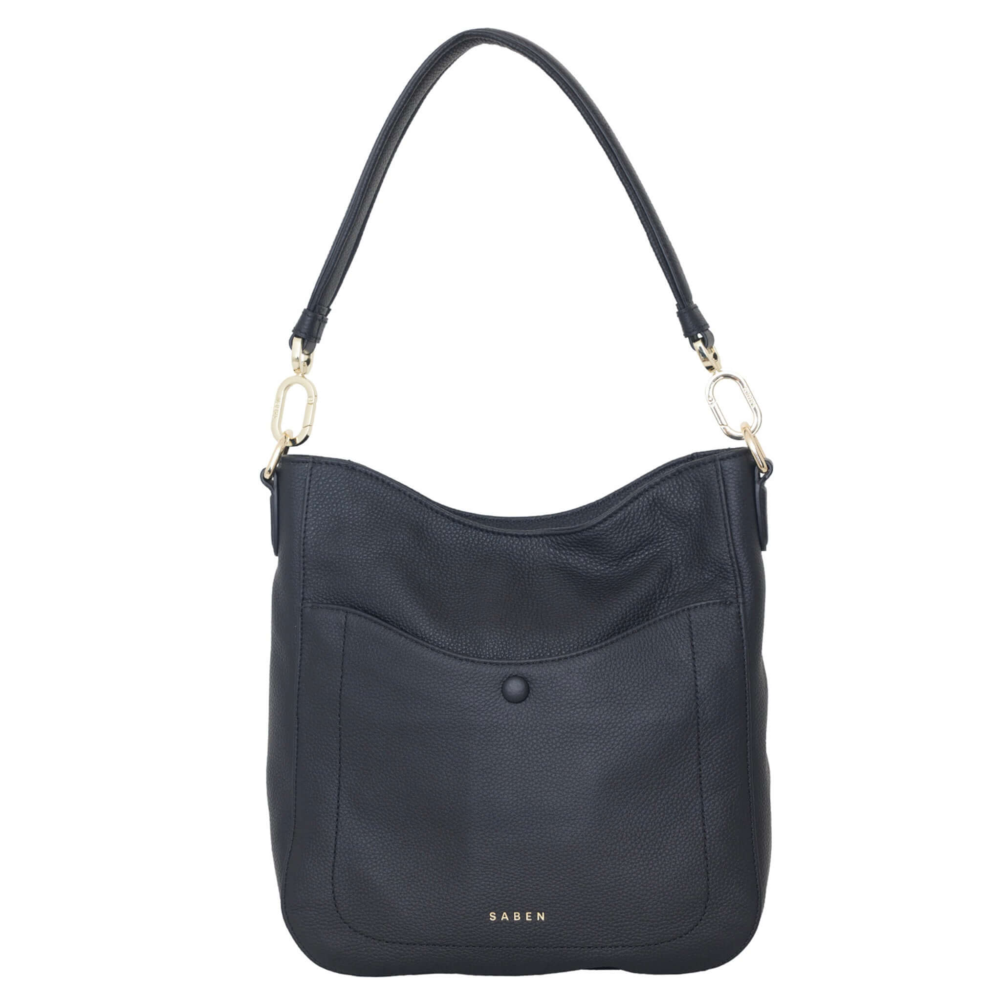 Alt Tag: Saben Rebe Shoulder Bag - Black Luxe black pebbled leather hobo shoulder bag with detachable strap and front magnetic drop pocket