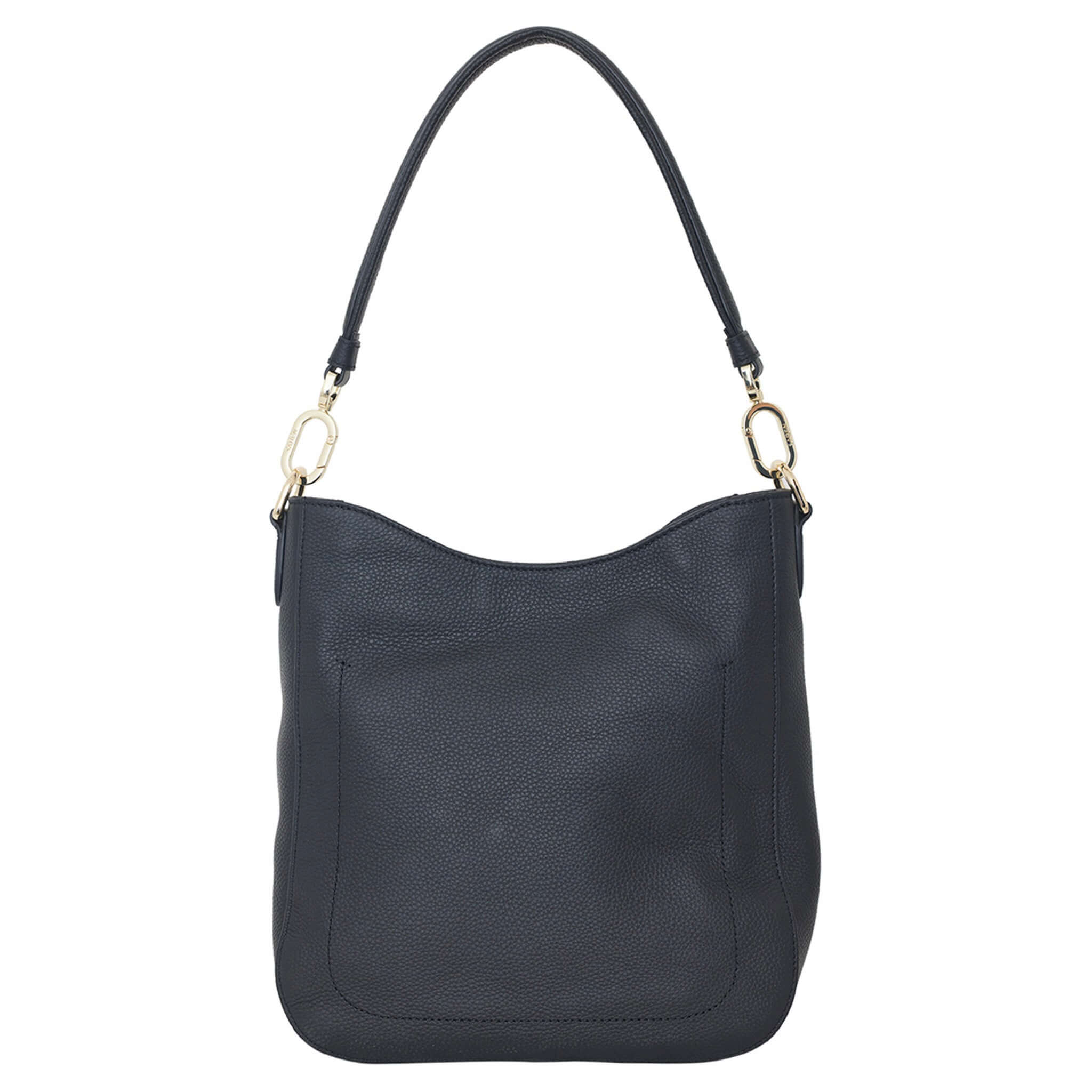 Alt Tag: Saben Rebe Shoulder Bag - Black Luxe black pebbled leather hobo bag with gold hardware and detachable shoulder strap