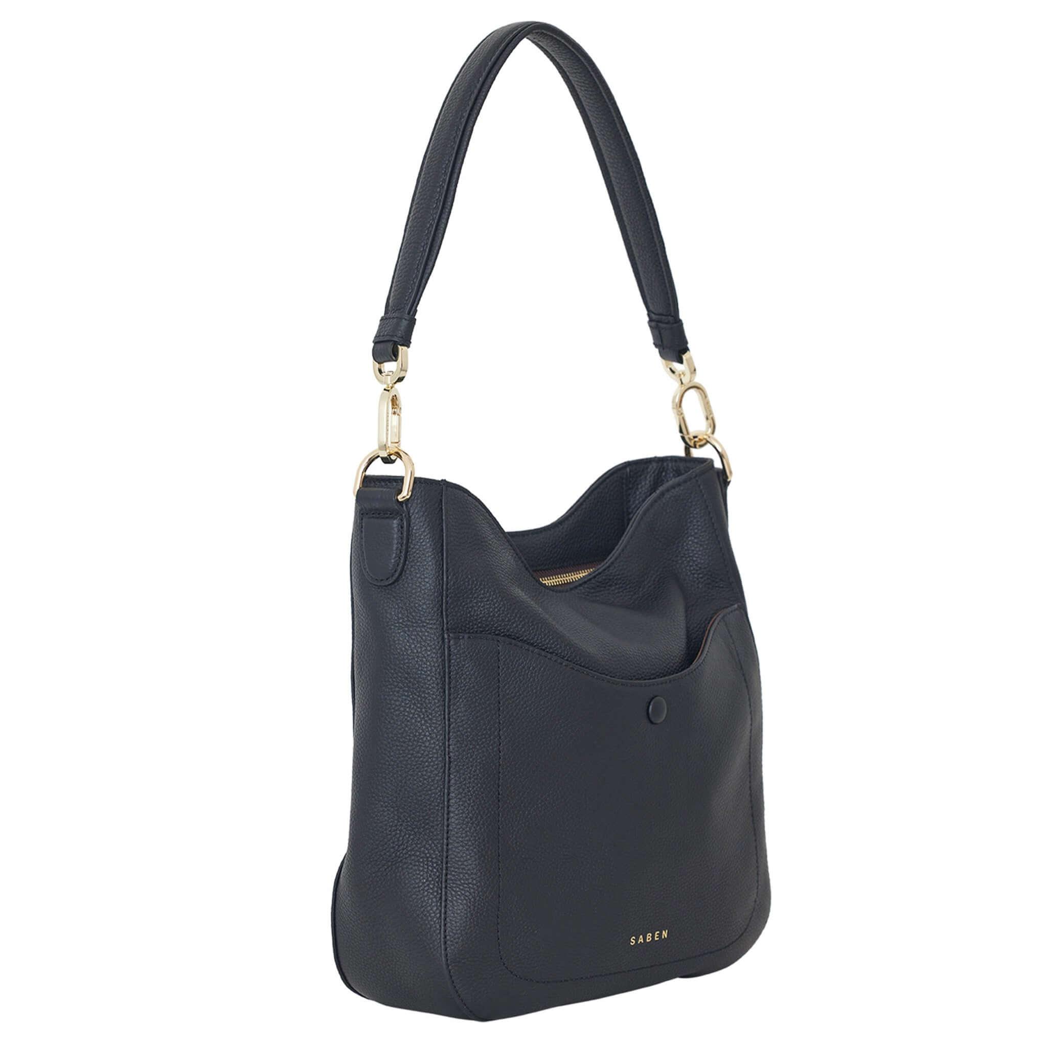 Alt Tag: Saben Rebe Shoulder Bag - Black Luxe black pebbled leather hobo shoulder bag with gold hardware and detachable strap