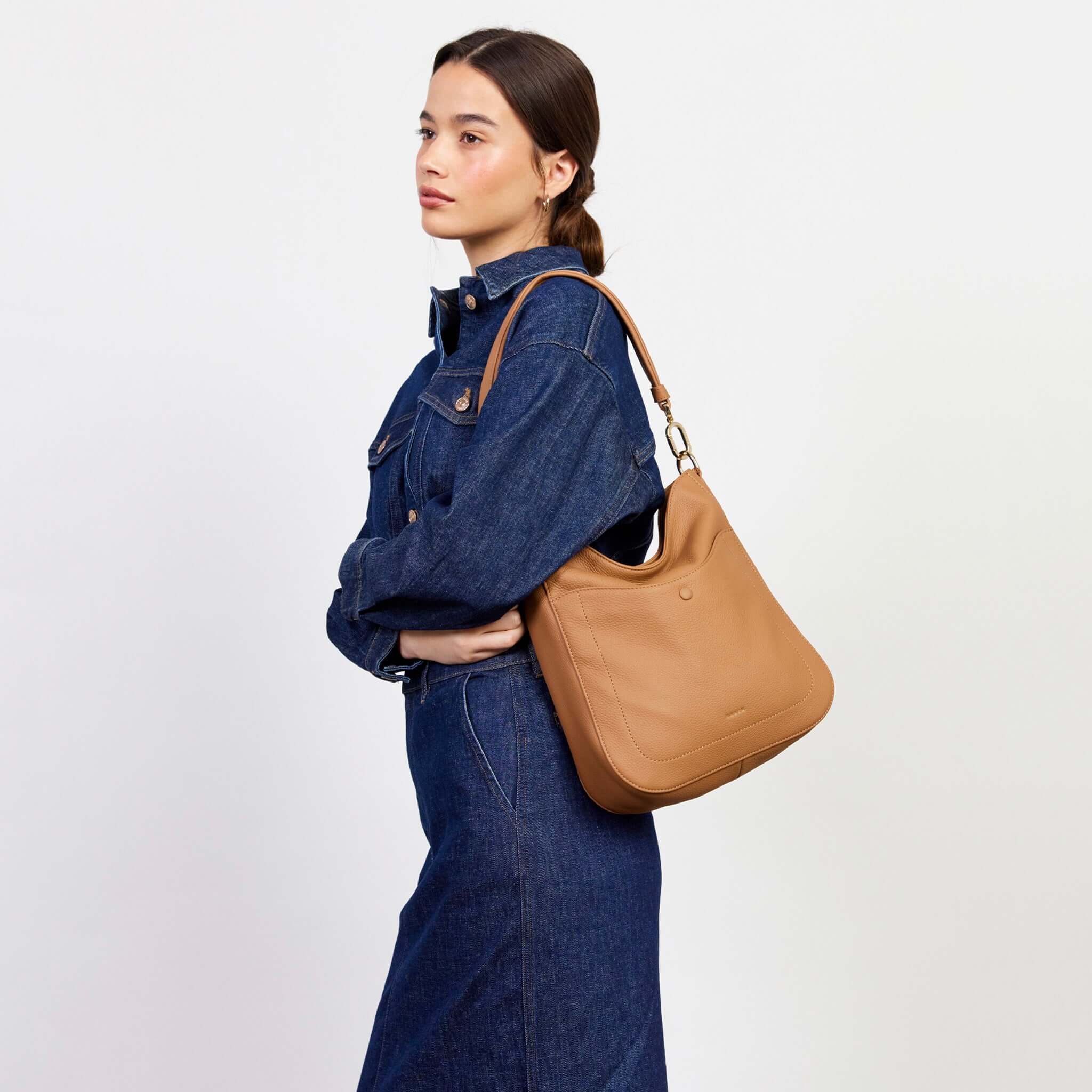 Alt Tag: Saben Rebe Shoulder Bag - Toffee in buttery soft pebbled leather, hobo shoulder/crossbody bag with magnetised front pocket