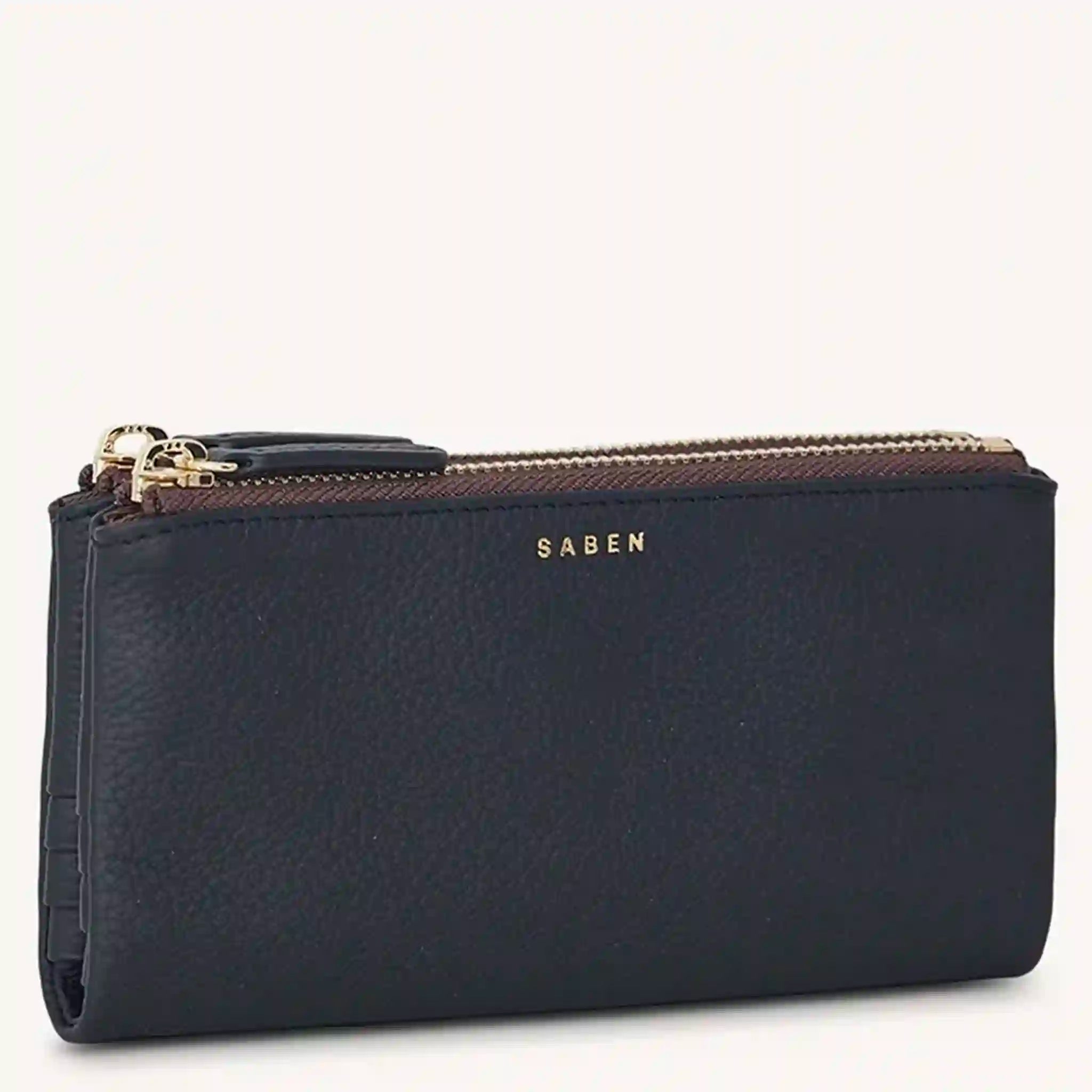 Black wallet with gold zipper and 'SABEN' branding on a white background