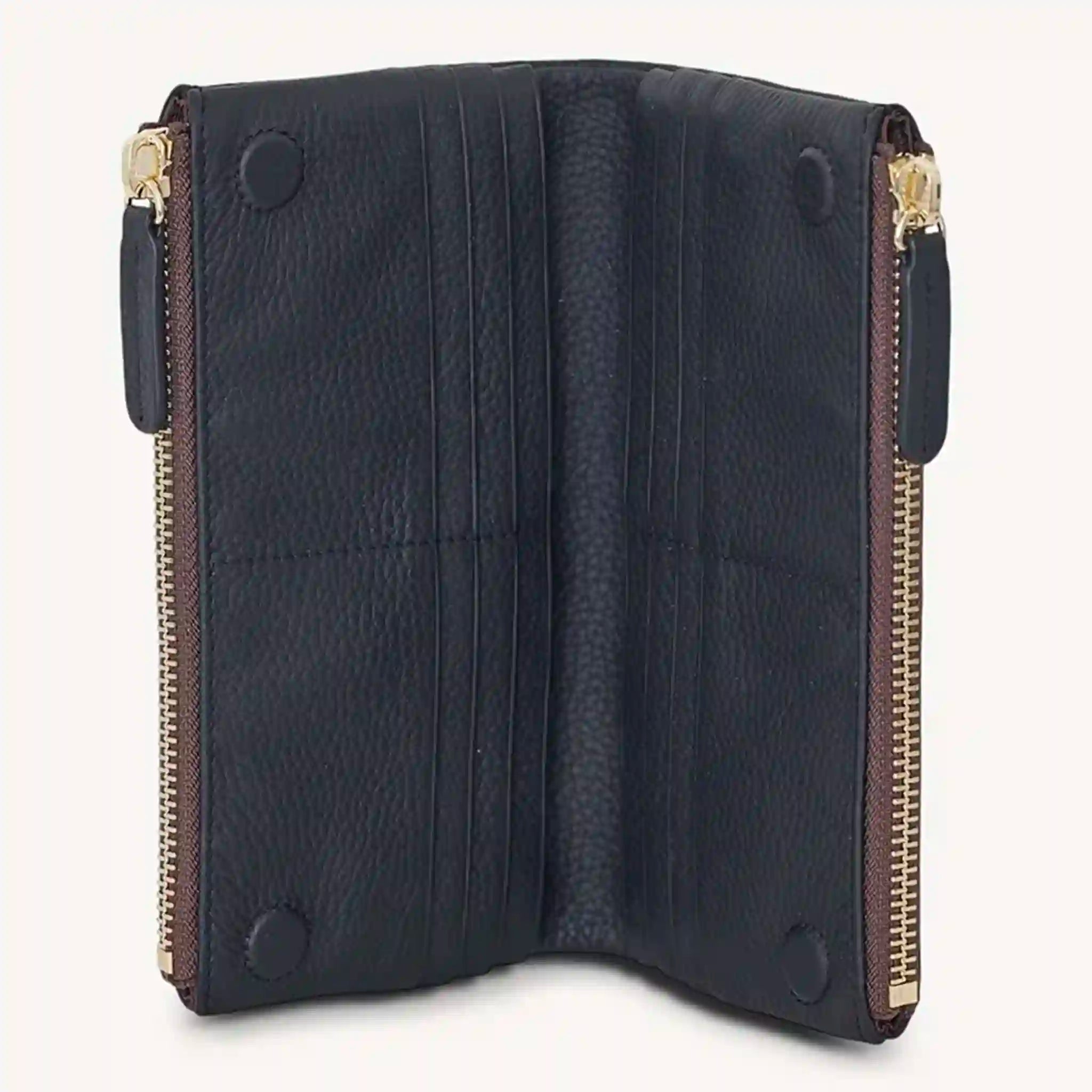 Black leather wallet with gold zipper on a white background