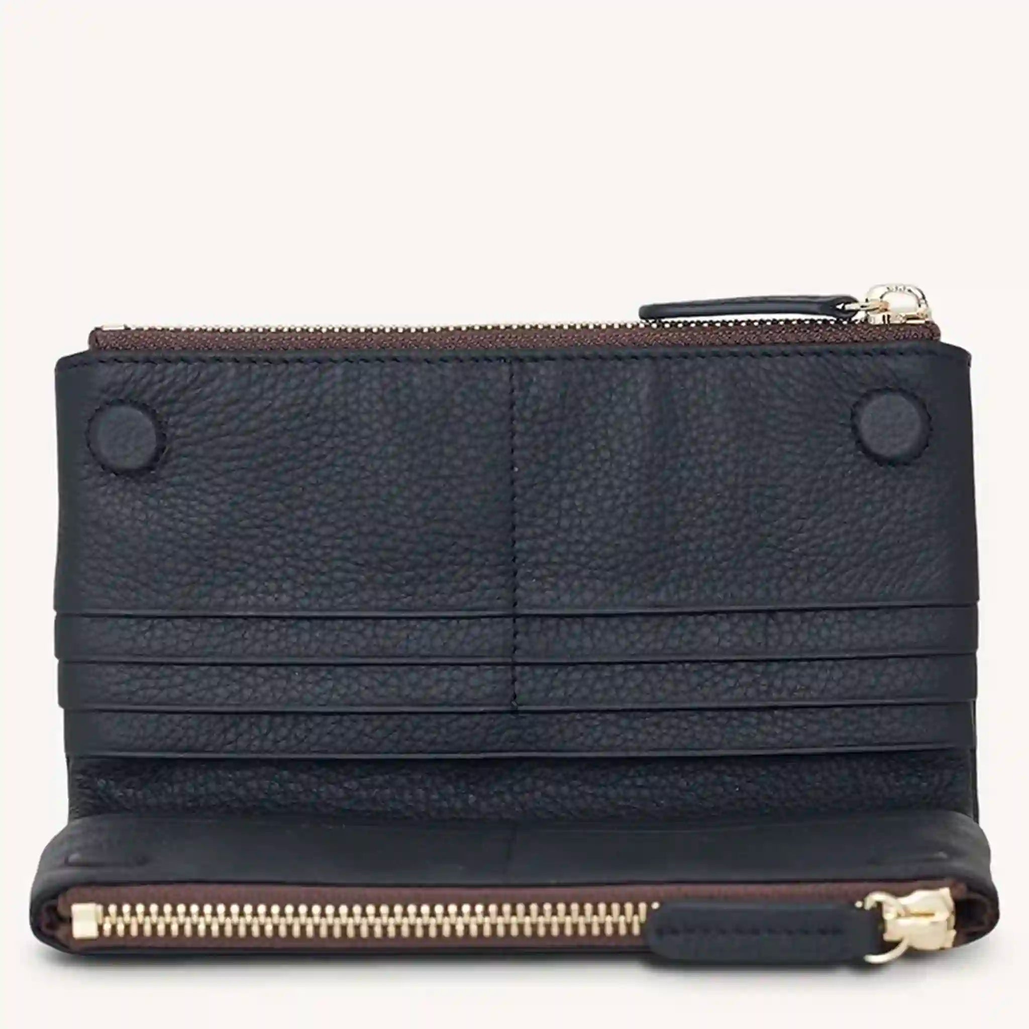 Black leather wallet with gold zipper on a white background