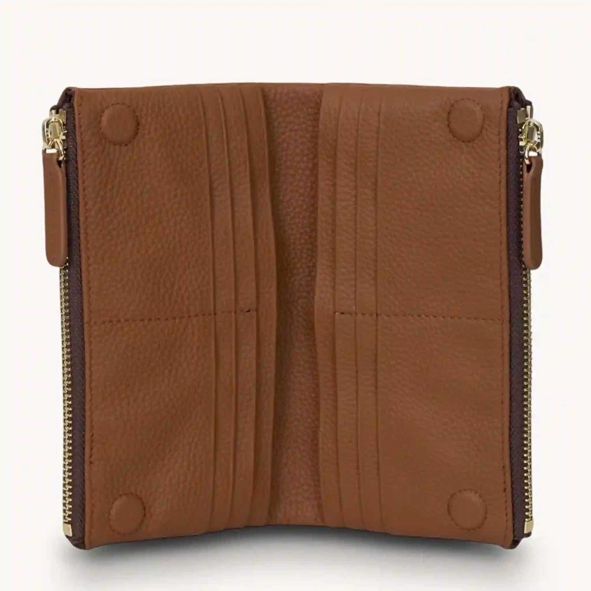 Brown leather clutch bag with gold zipper on a white background