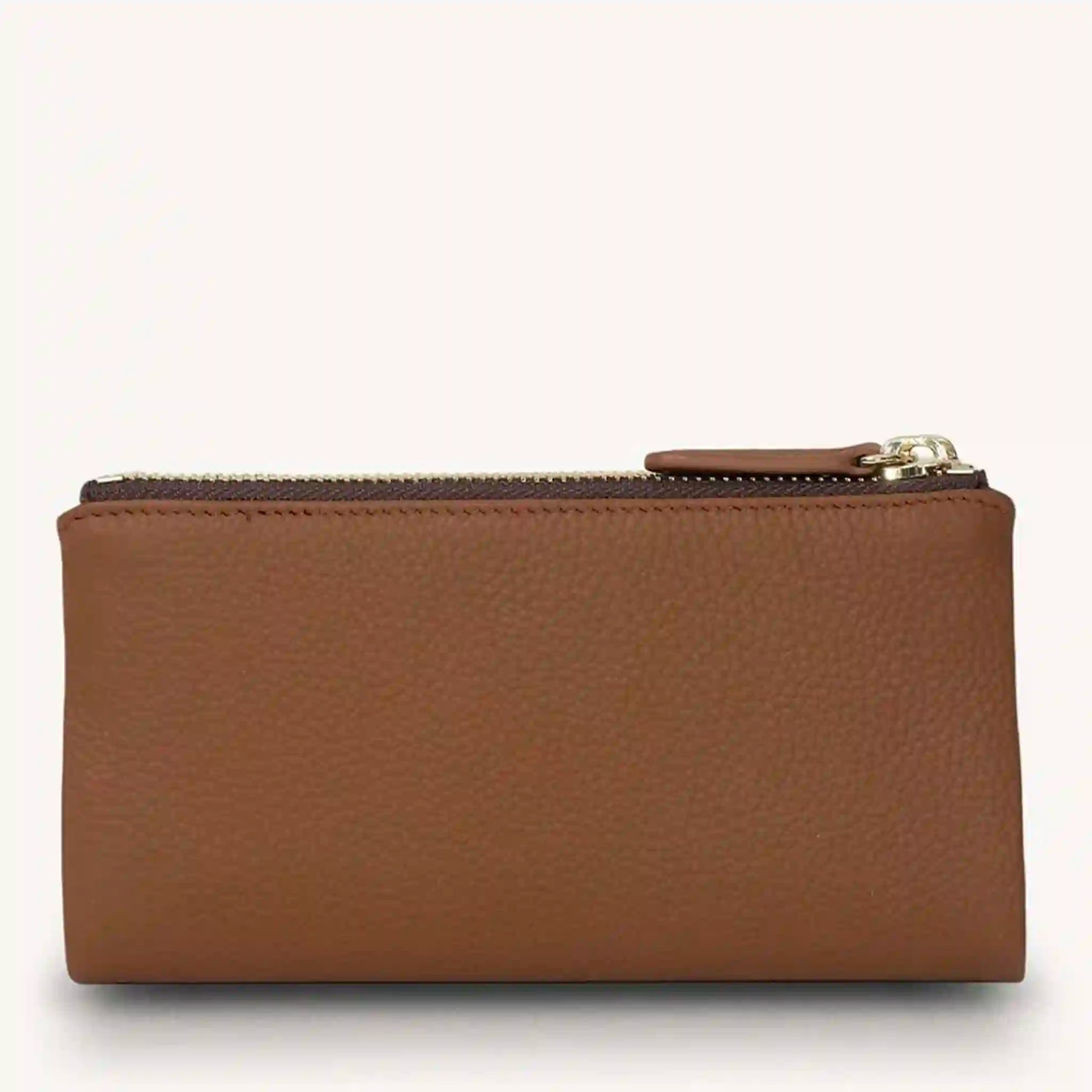 Brown leather wallet with a zipper on a white background