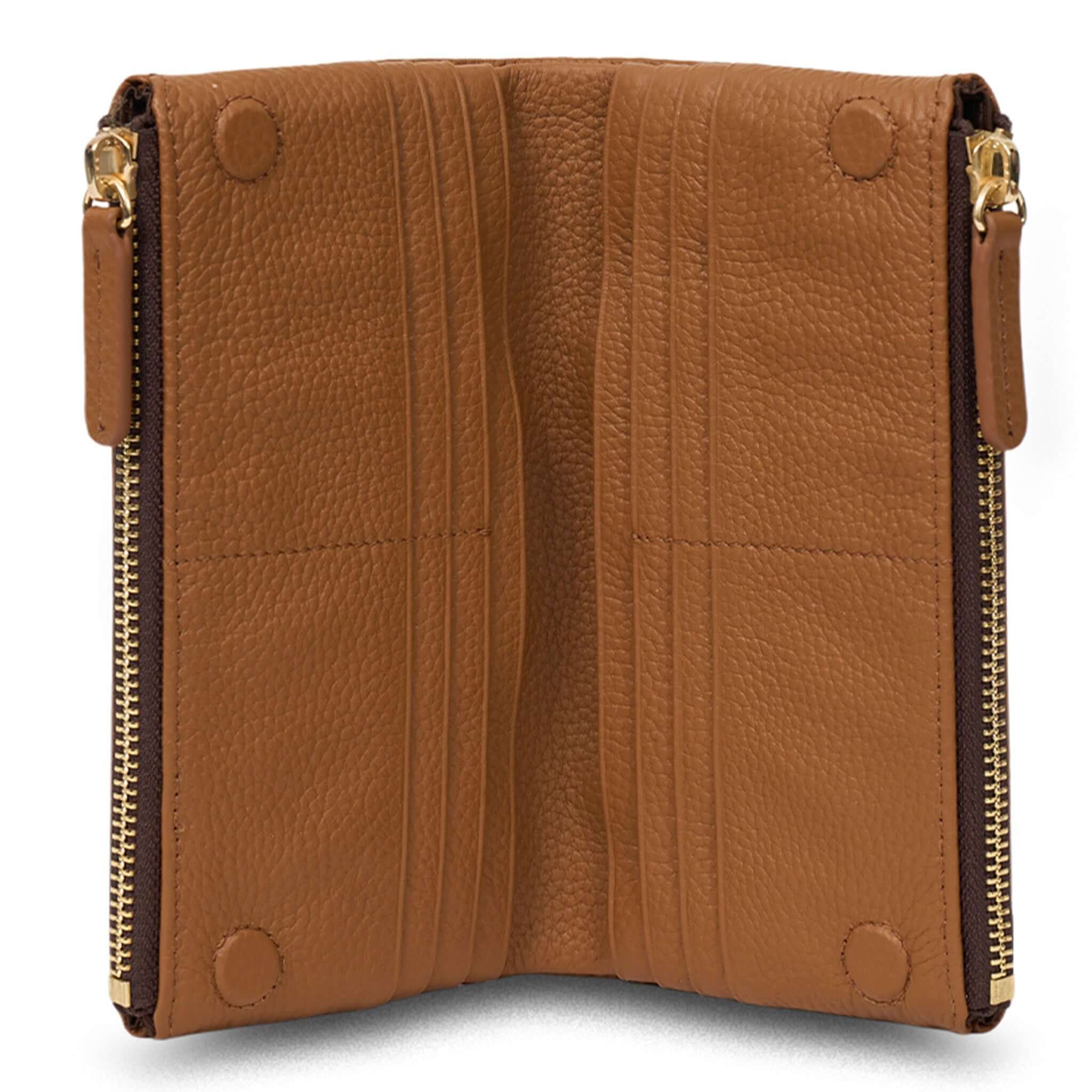 Alt Tag: Saben Sam Wallet - Toffee soft leather wallet with card slots, note pockets and gold zip coin pouch hardware