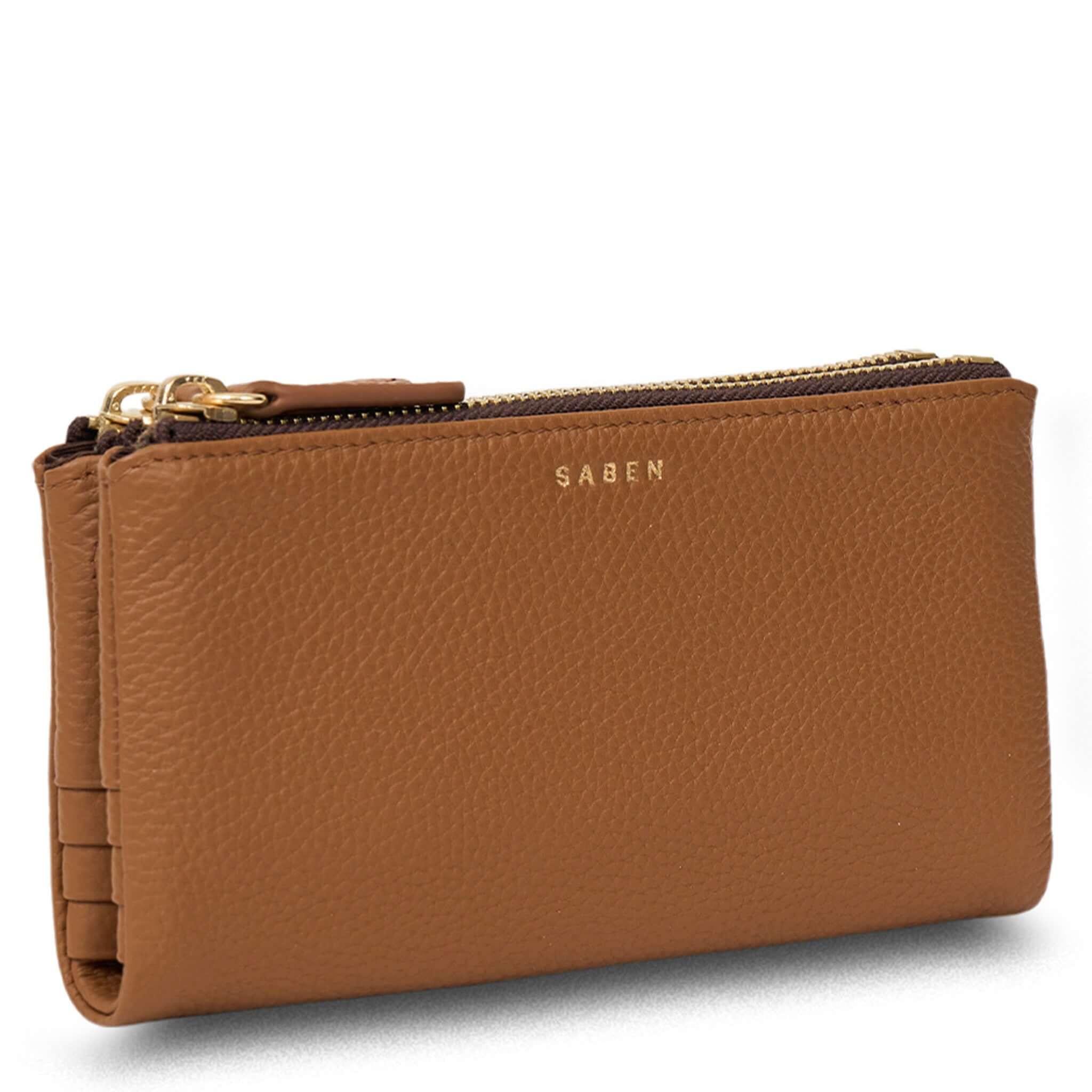 Alt Tag: Saben Sam Wallet - Toffee soft pebbled leather wallet with gold hardware and zip coin pouch