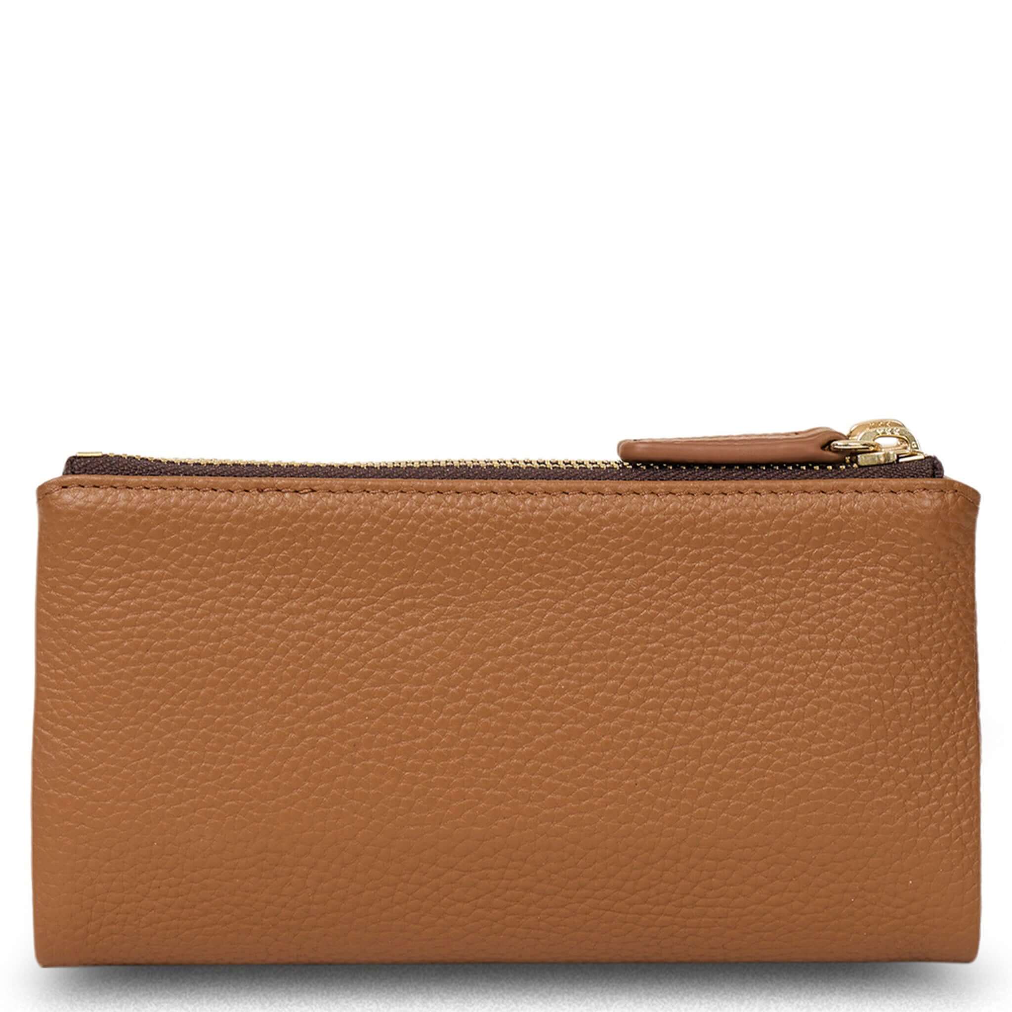 Alt Tag: Saben Sam Wallet - Toffee soft leather wallet with gold zip coin pouch and multiple card slots