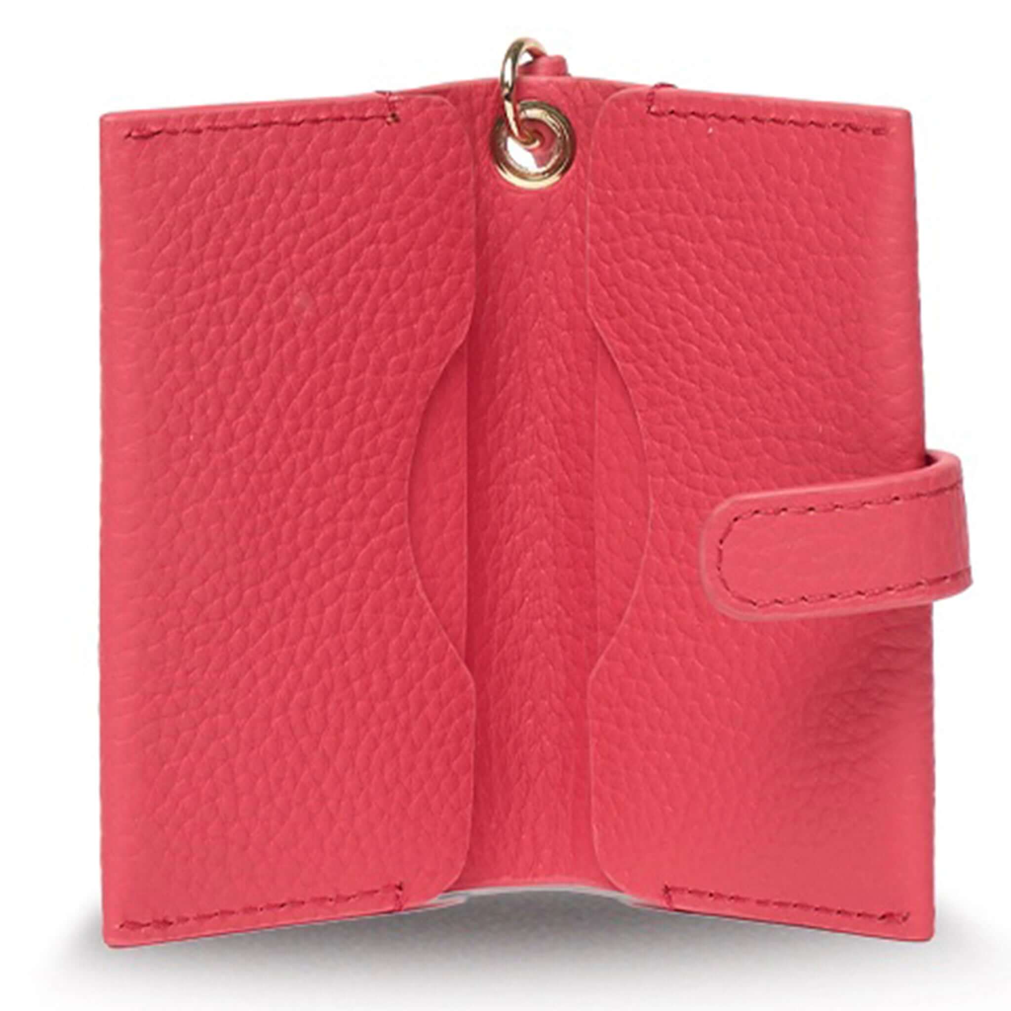 Saben Sid Card Holder - Azalea in soft pebble leather with snap closure and wristlet strap.