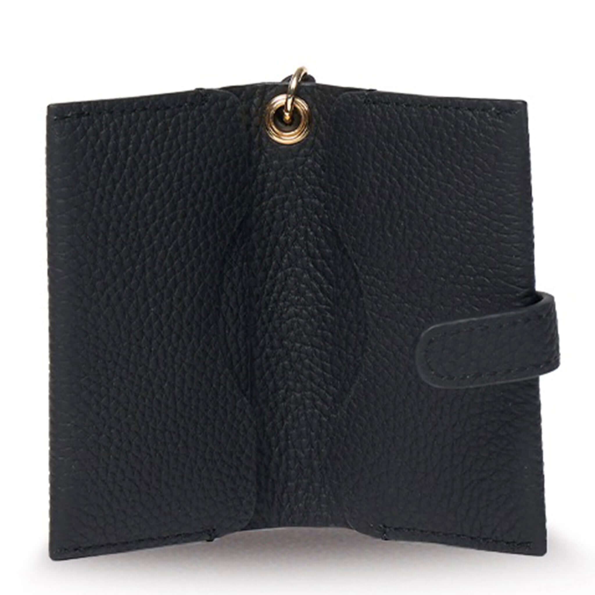 Saben Sid Card Holder - Black interior view showing soft pebble leather and secure snap closure.