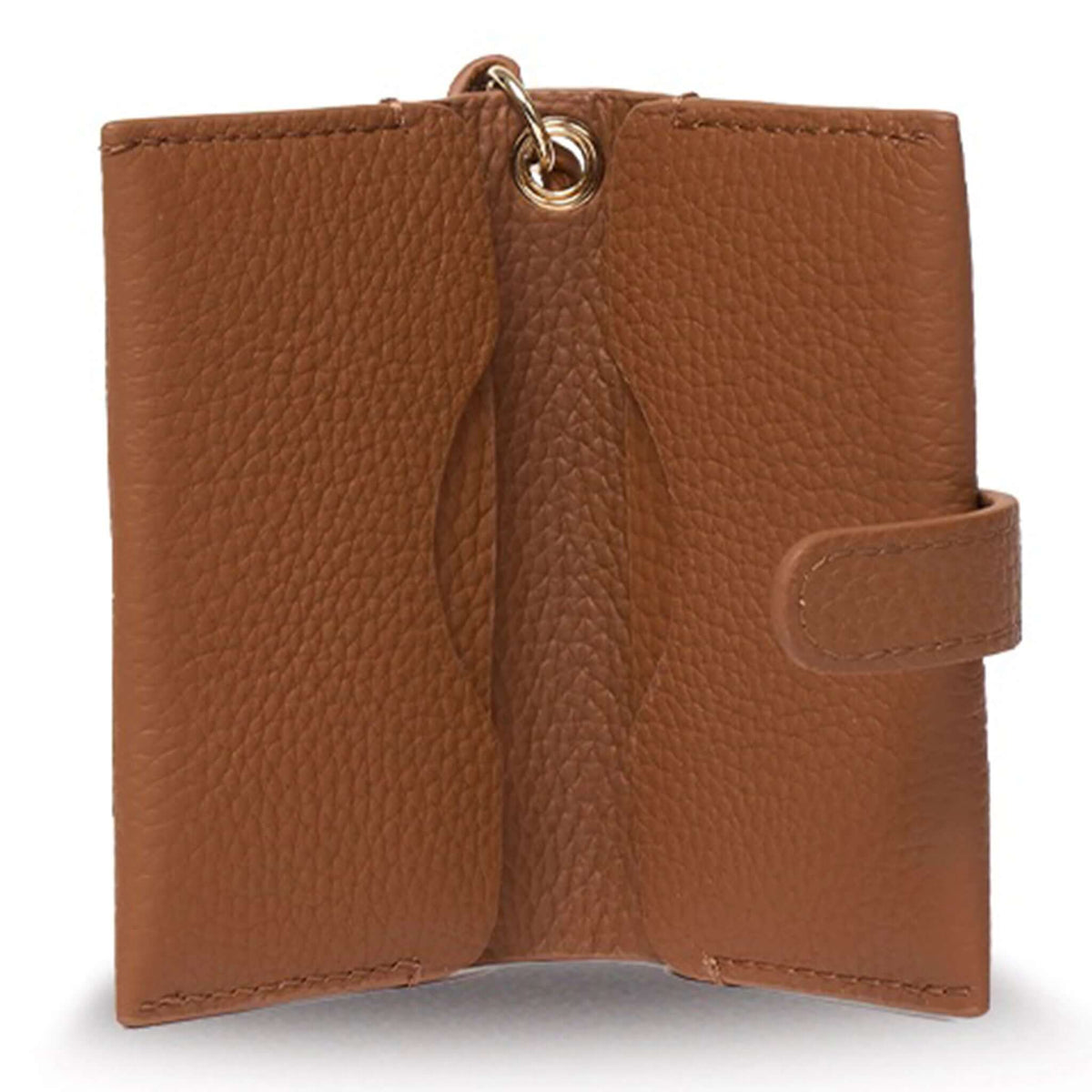 Saben Sid Card Holder - Tan open view displaying compartments and snap closure in soft pebble leather.