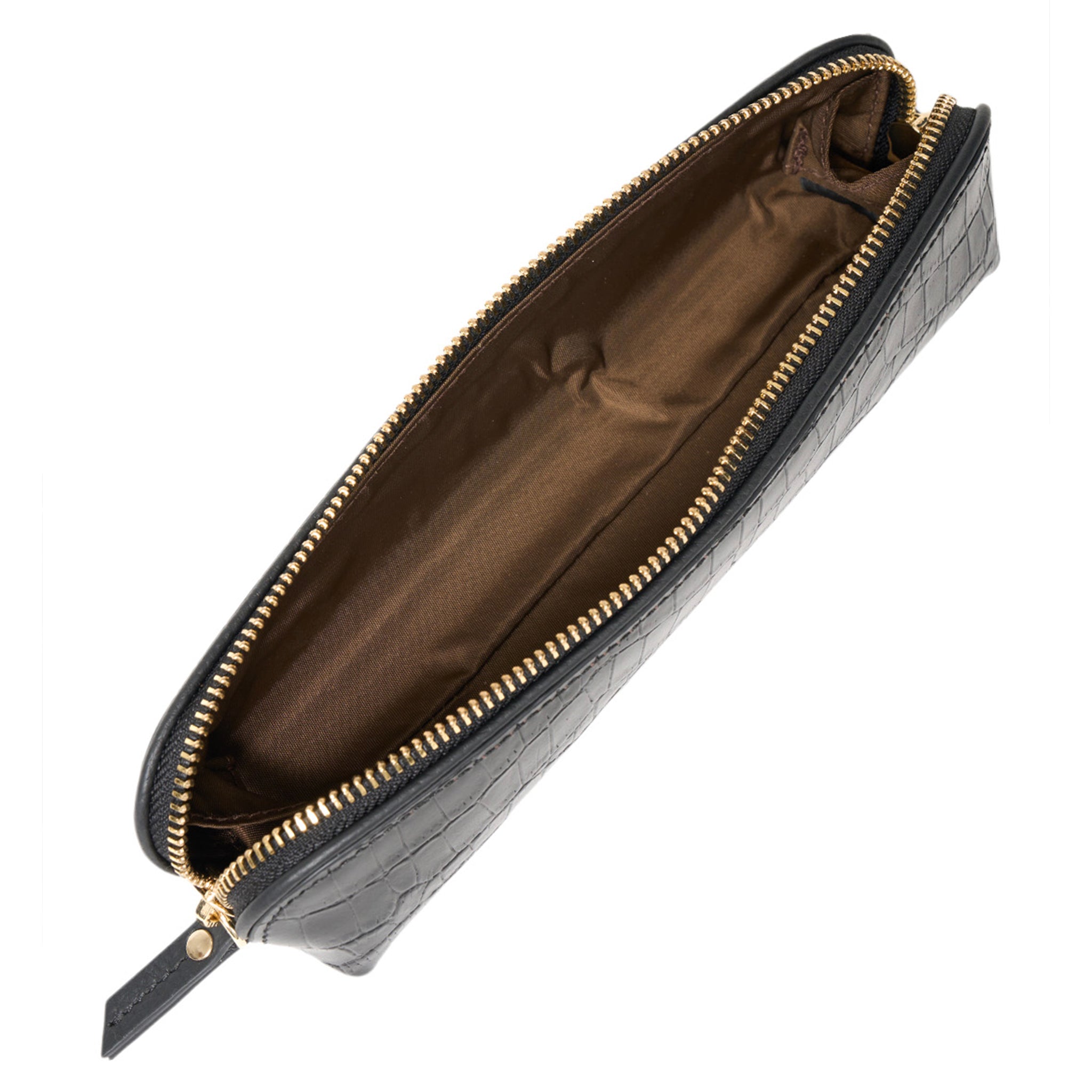 Open black wallet with gold zipper on a white background