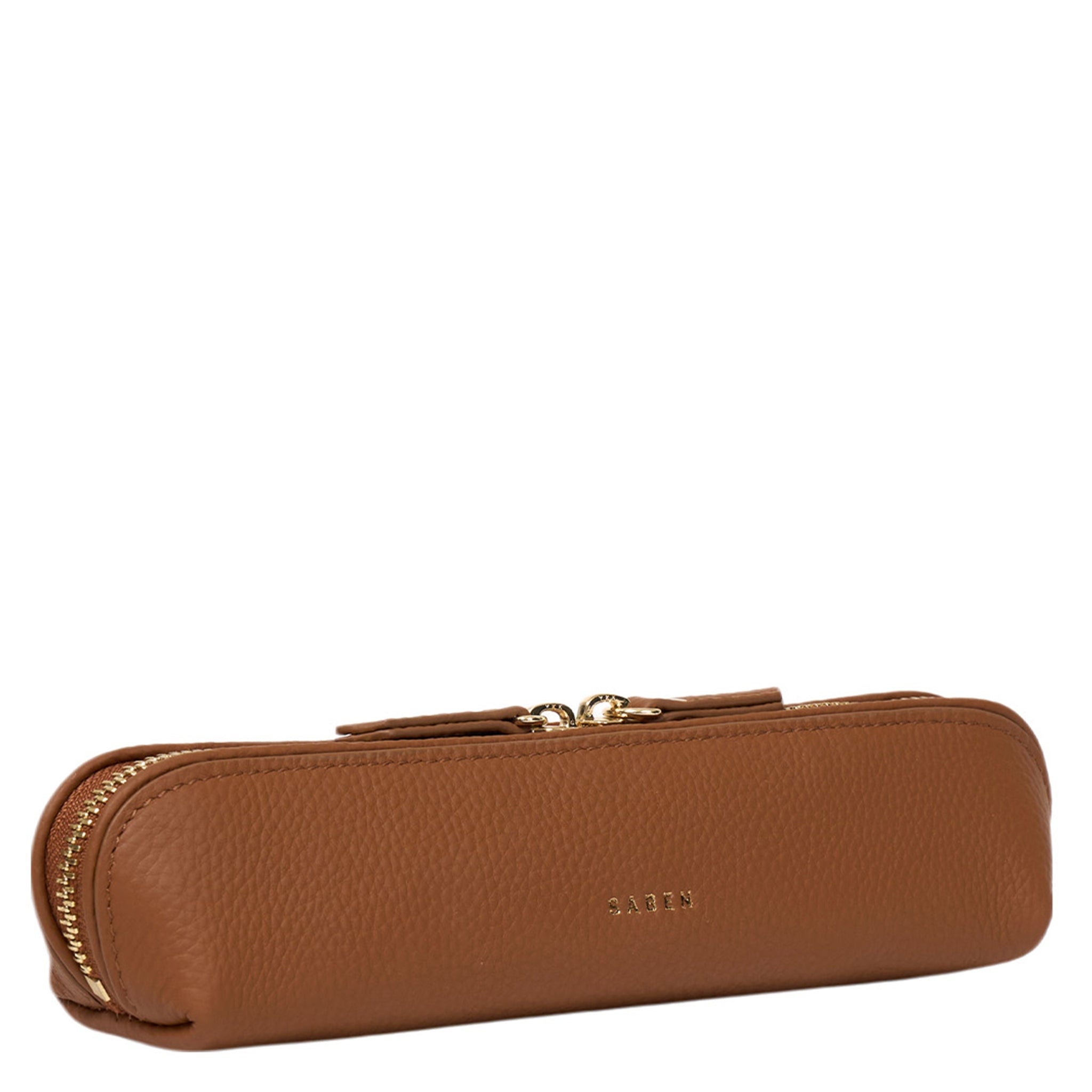 Brown leather pencil case with gold zipper on a white background