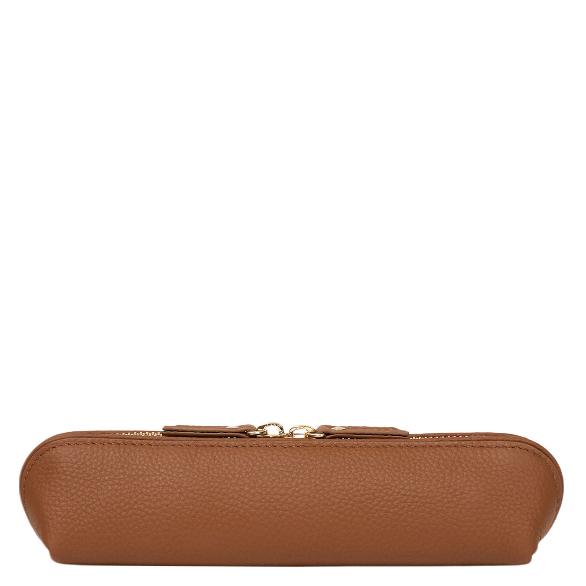 Brown leather pouch with a gold zipper on a white background